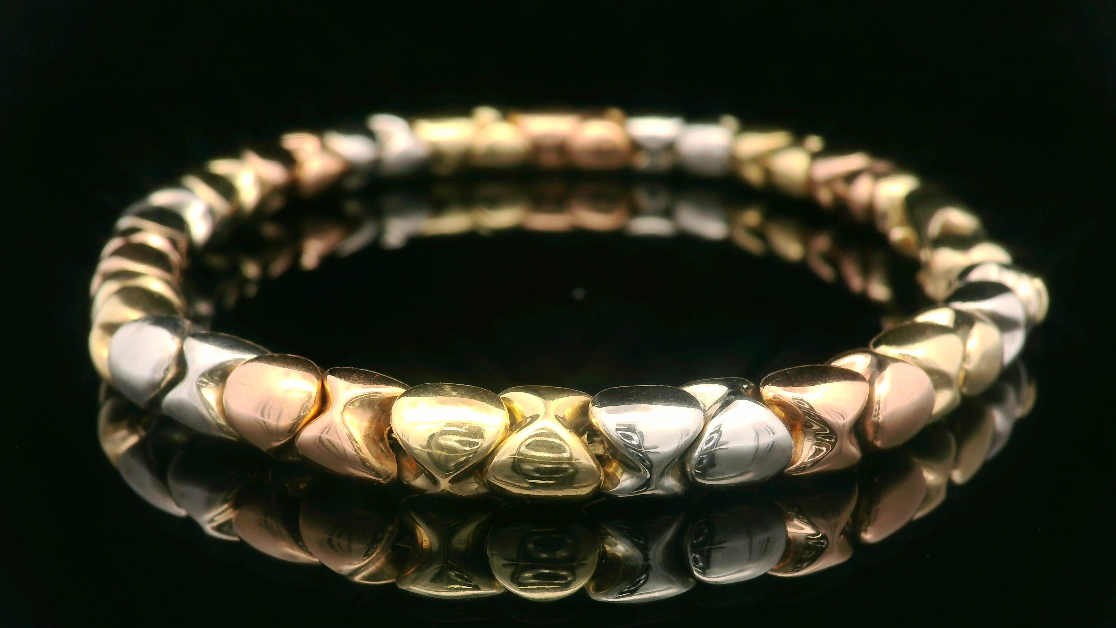 Women's Italian 18k Solid Well Made Tri Color Gold 6mm Sliding Bead Link Chain Bracelet For Sale