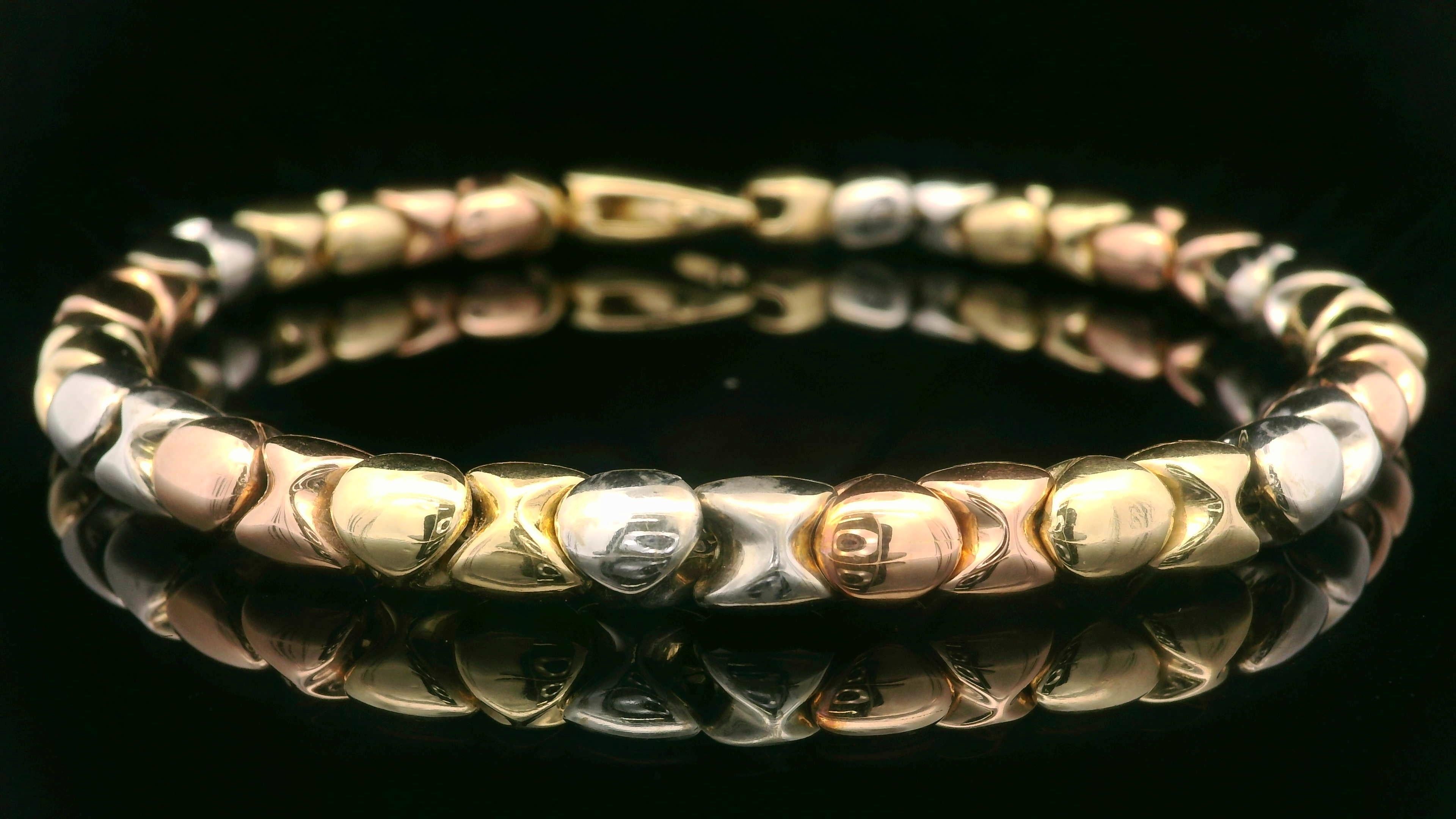 Italian 18k Solid Well Made Tri Color Gold 6mm Sliding Bead Link Chain Bracelet For Sale 1