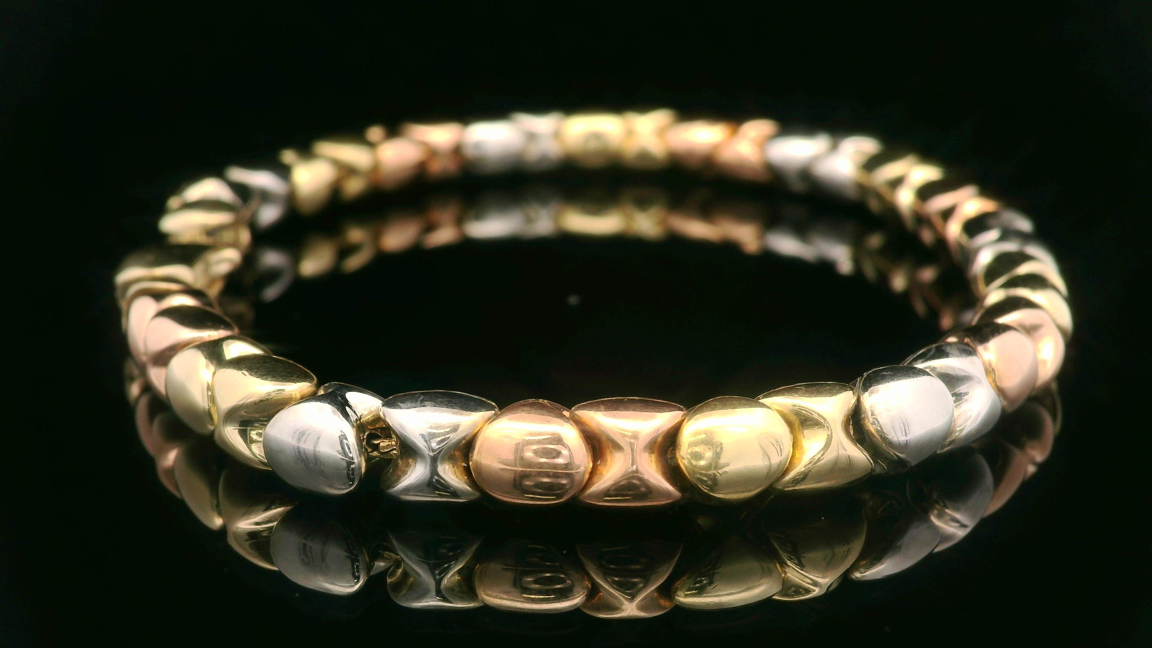 Italian 18k Solid Well Made Tri Color Gold 6mm Sliding Bead Link Chain Bracelet For Sale 2