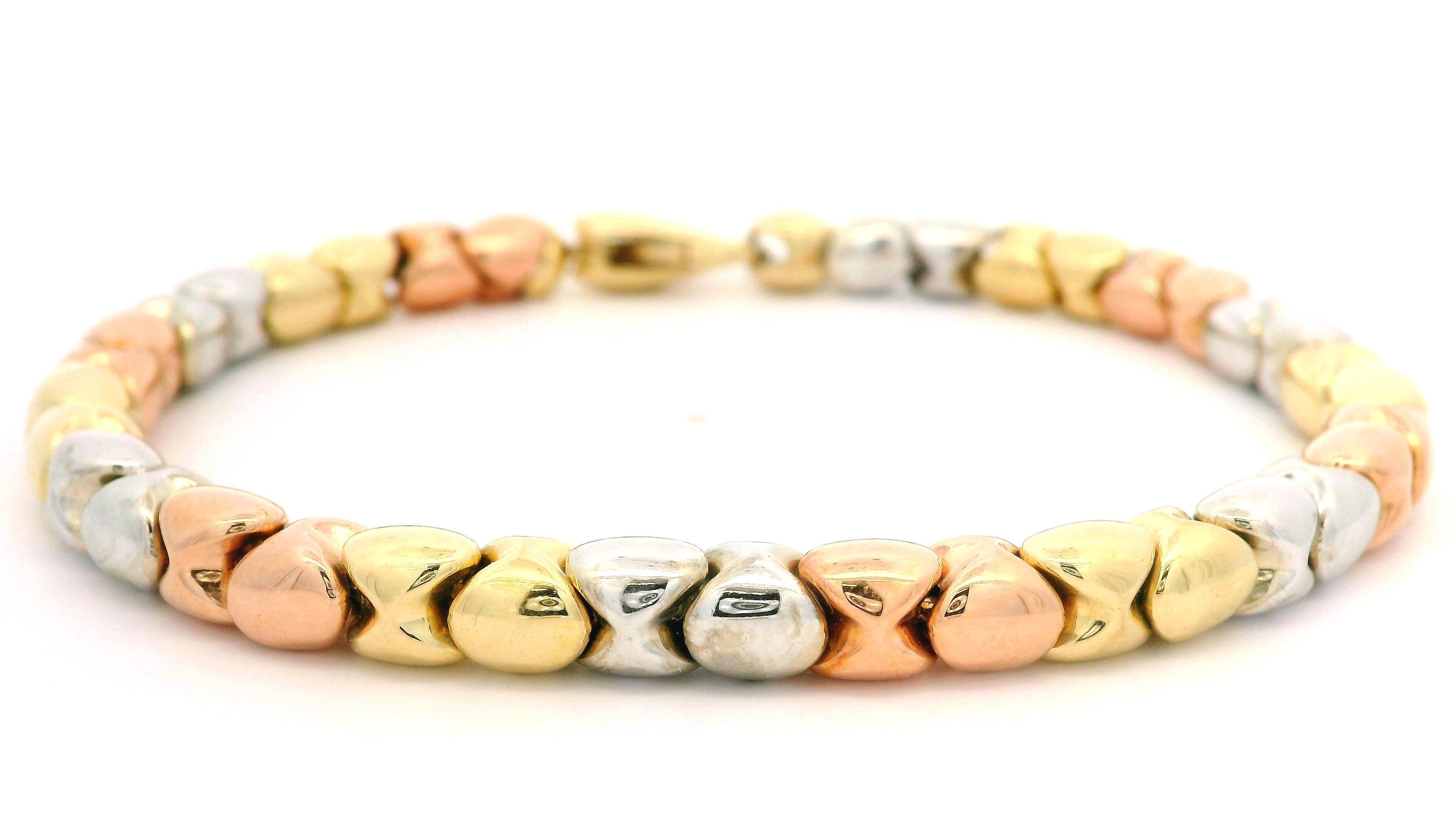 Italian 18k Solid Well Made Tri Color Gold 6mm Sliding Bead Link Chain Bracelet For Sale 3