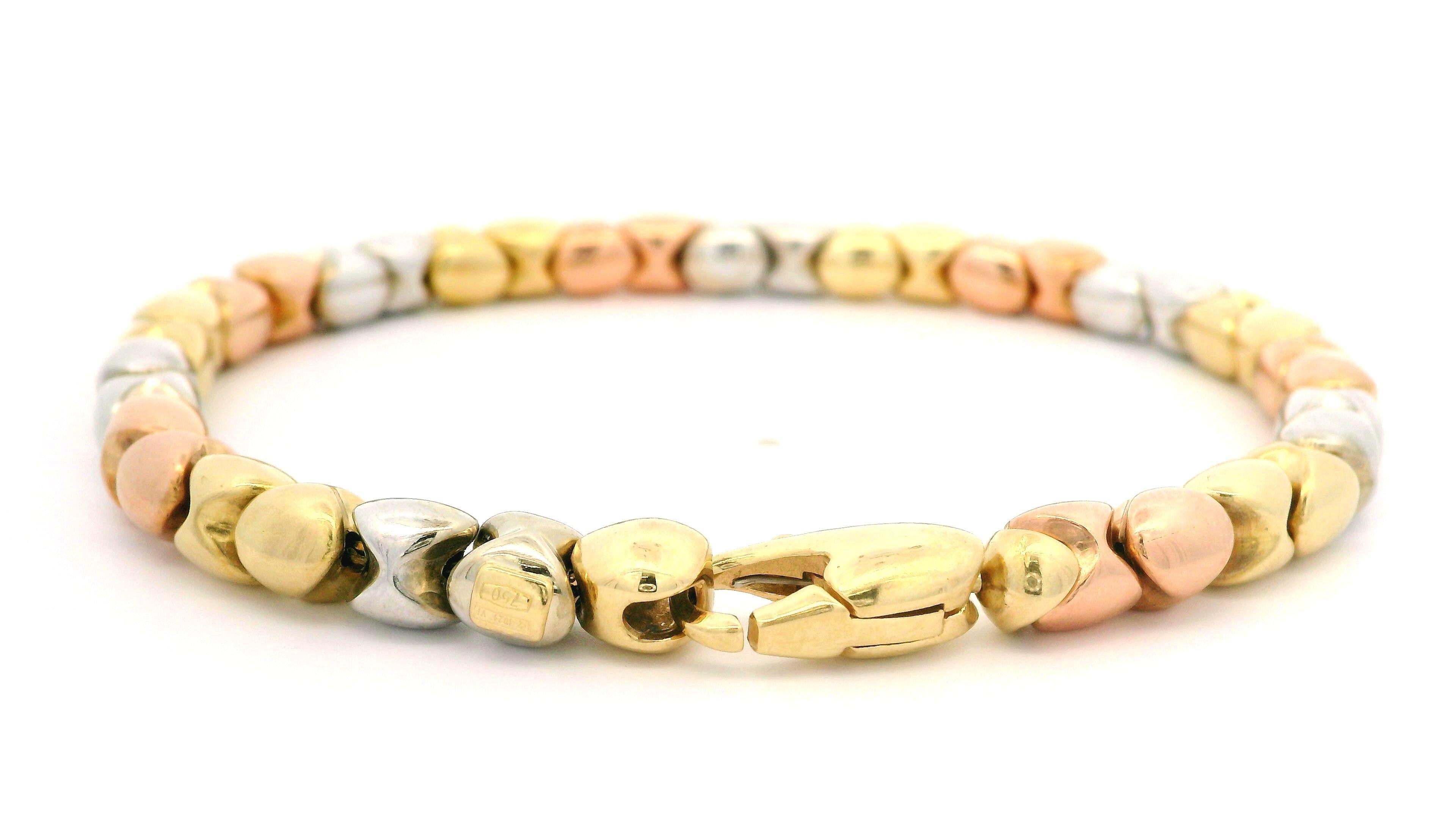 Italian 18k Solid Well Made Tri Color Gold 6mm Sliding Bead Link Chain Bracelet For Sale 5