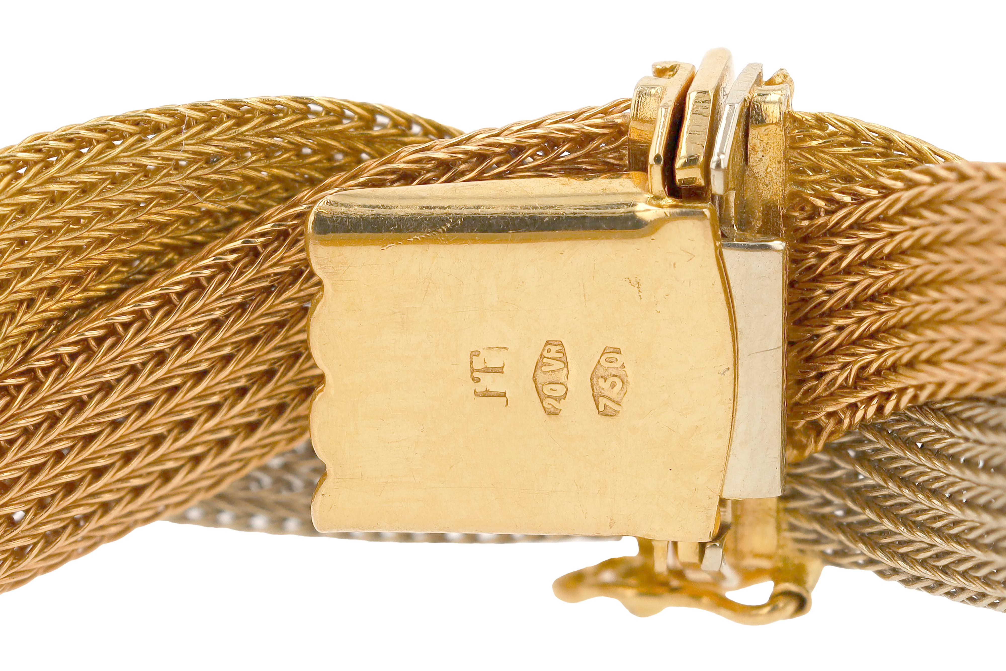Italienisches 18K Tri-Color Gold geflochtenes Maschenarmband für Damen oder Herren im Angebot