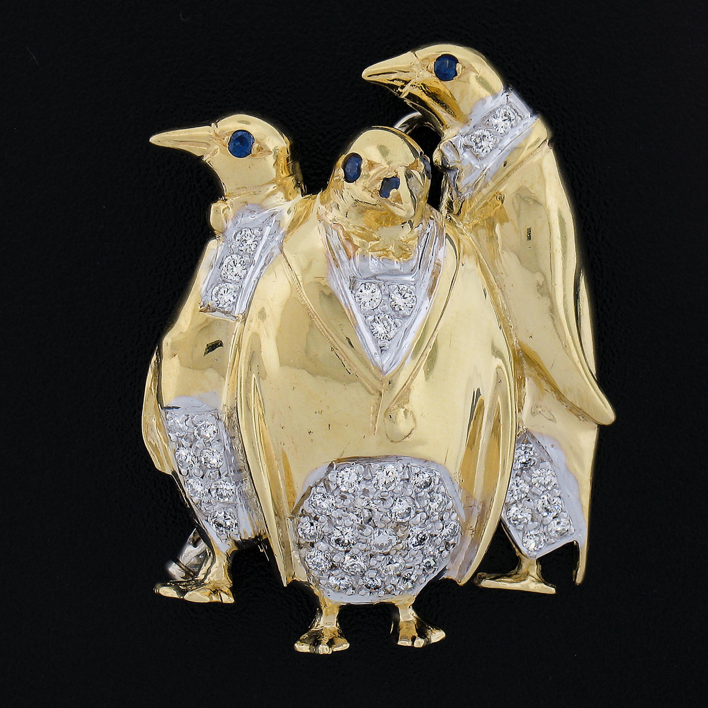 Very unique and magical 3 penguin in tuxedos pin! Well executed with the perfect amount of high quality diamonds and attention to detail! The result is a pin that will start conversations and turn heads! Enjoy!

--Stone(s):--
(41) Natural Genuine