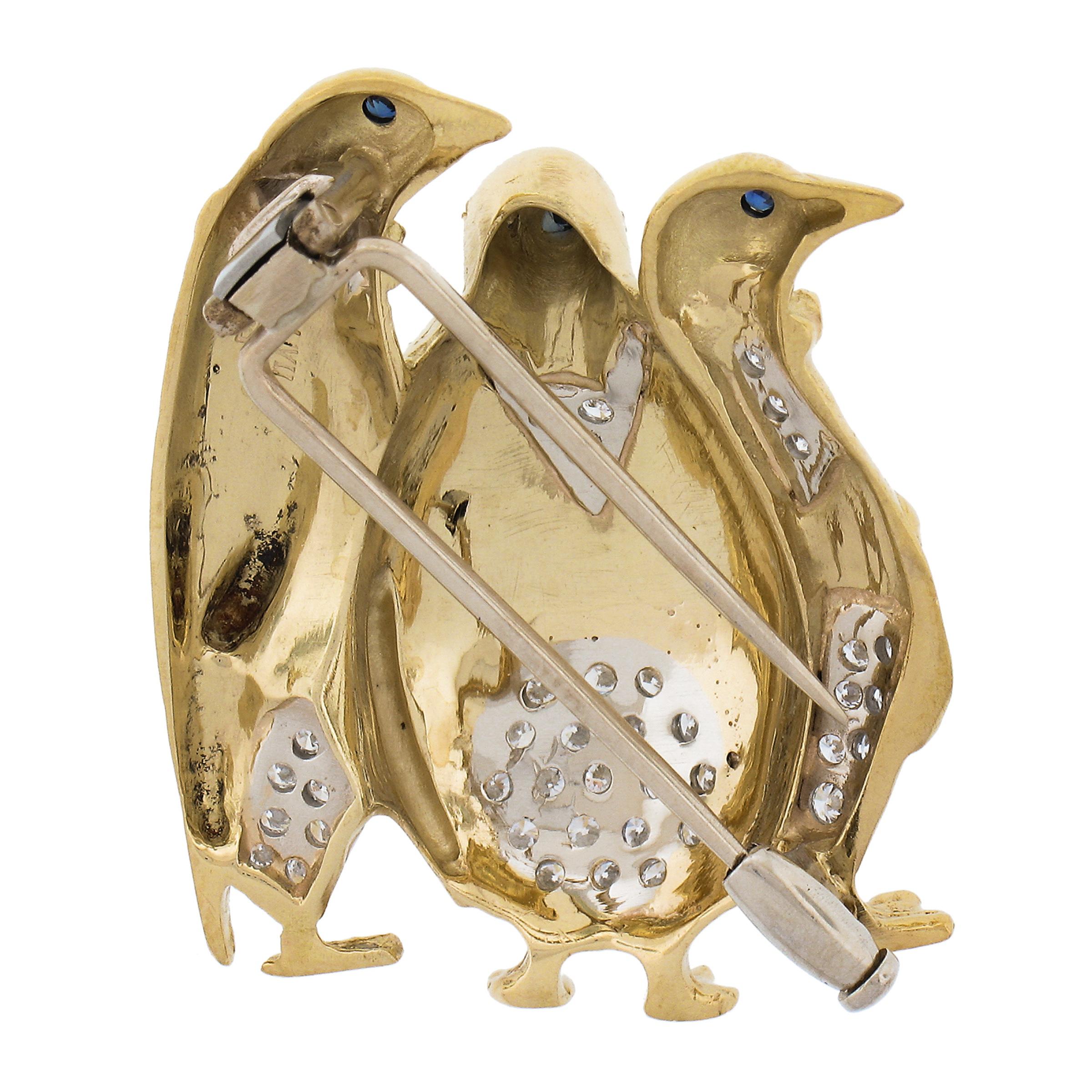 Round Cut Italian 18K TT Gold Diamond & Sapphire 3 Whimsical Penguin in Tuxedo Pin Brooch