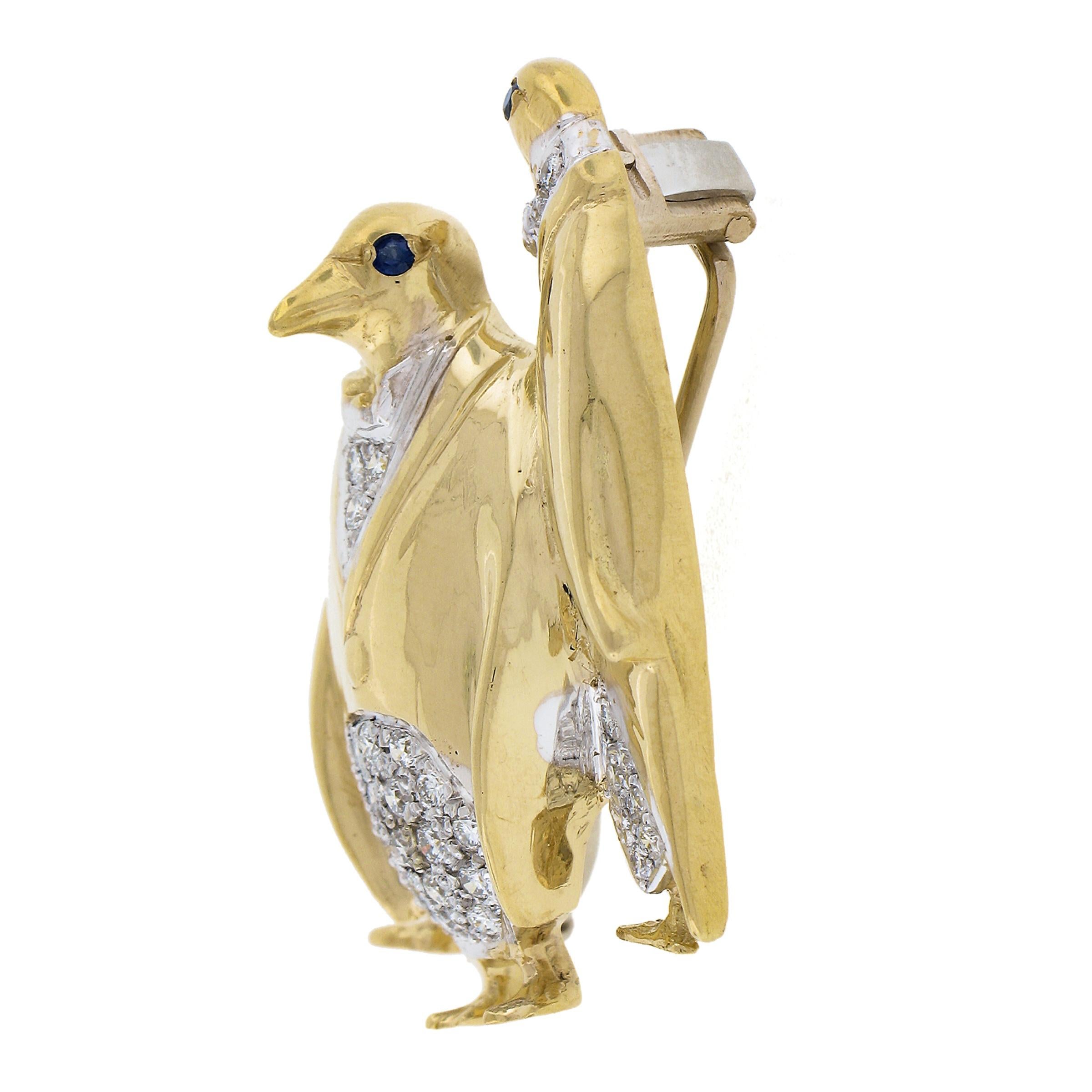 Women's or Men's Italian 18K TT Gold Diamond & Sapphire 3 Whimsical Penguin in Tuxedo Pin Brooch