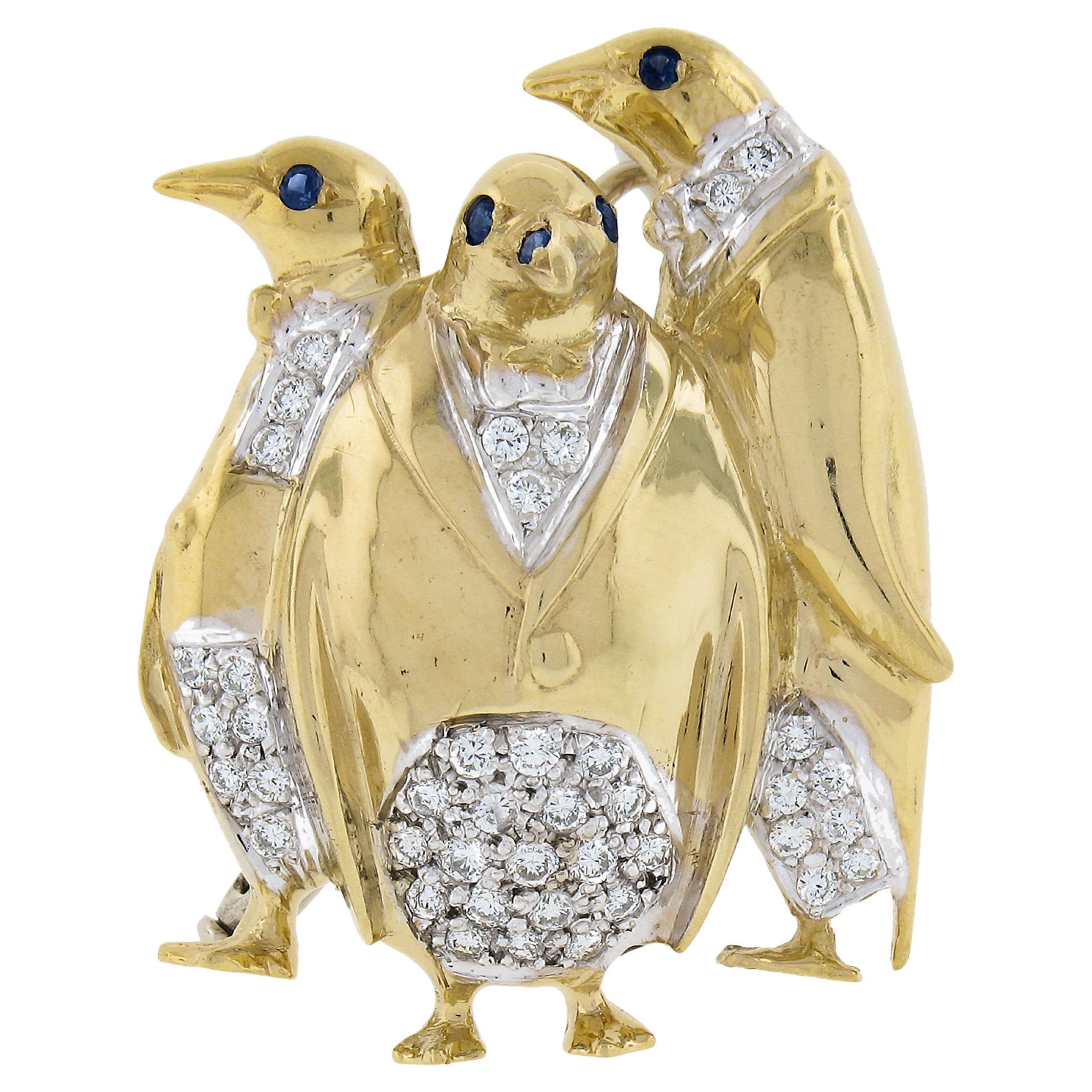 Italian 18K TT Gold Diamond & Sapphire 3 Whimsical Penguin in Tuxedo Pin Brooch