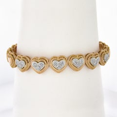 Italian 18k Two Tone Gold 1.08ctw Pave Diamond Heart Flexible Cuff Bracelet