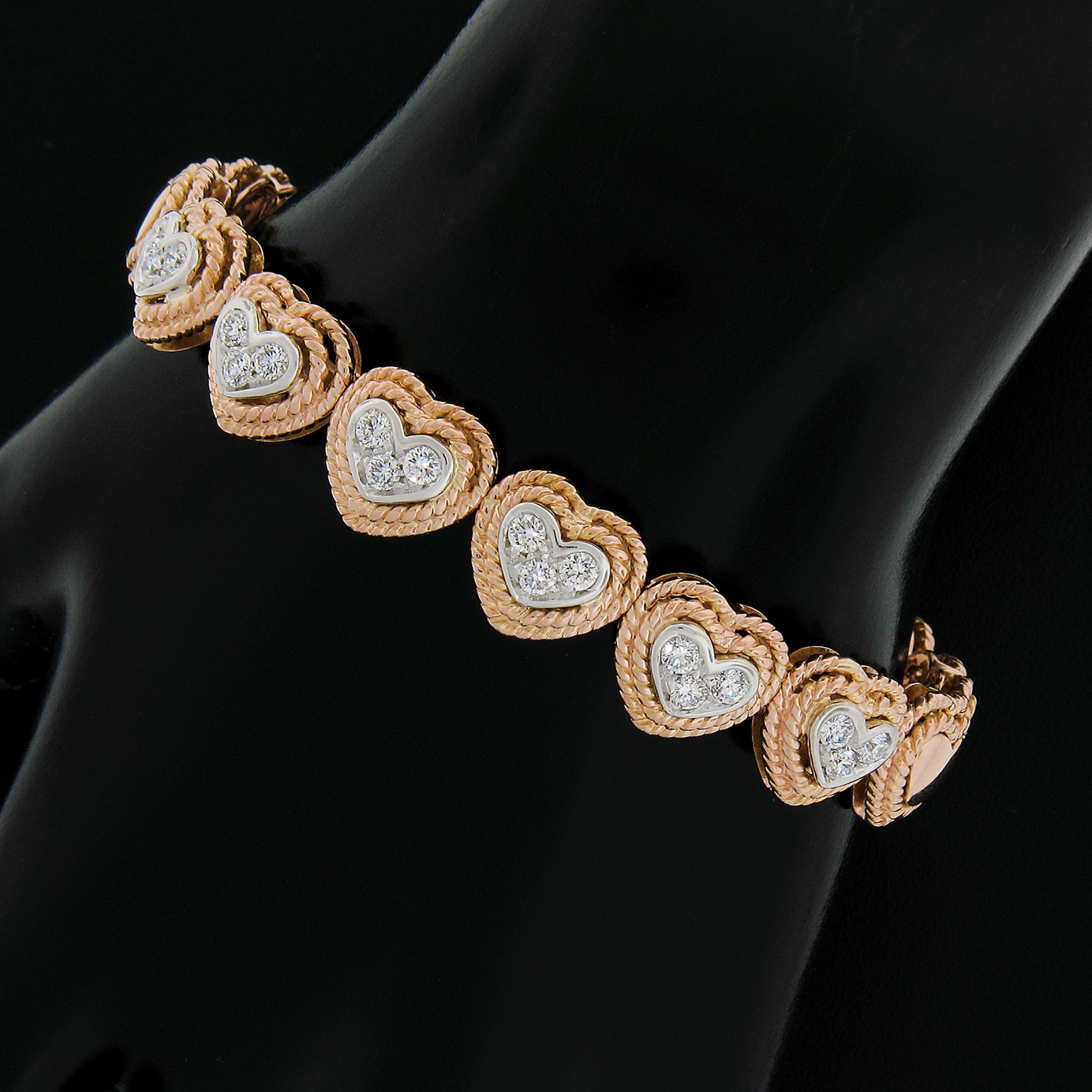 Round Cut Italian 18k Two Tone Gold 1.08ctw Pave Diamond Heart Flexible Cuff Bracelet For Sale