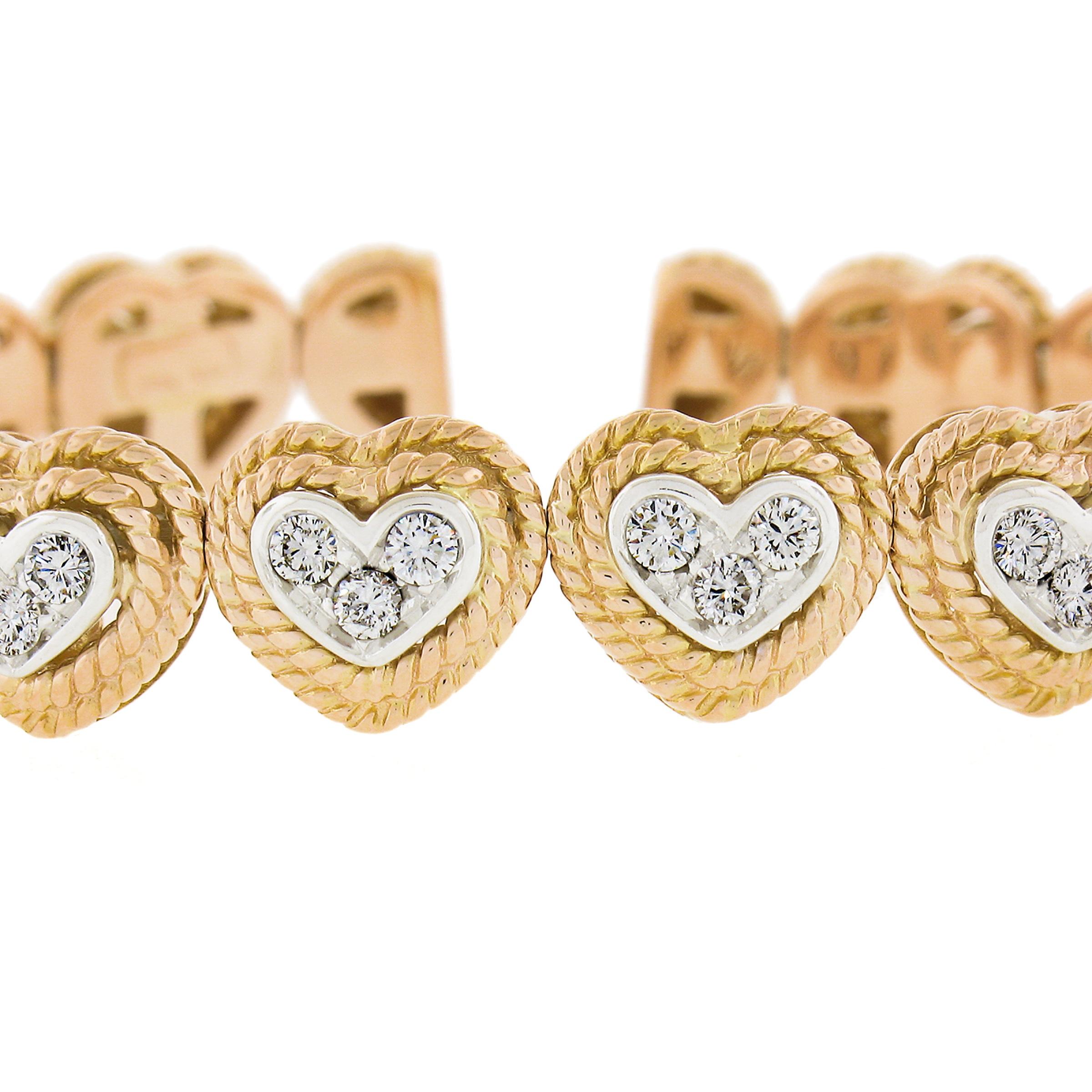Italian 18k Two Tone Gold 1.08ctw Pave Diamond Heart Flexible Cuff Bracelet In Excellent Condition For Sale In Montclair, NJ