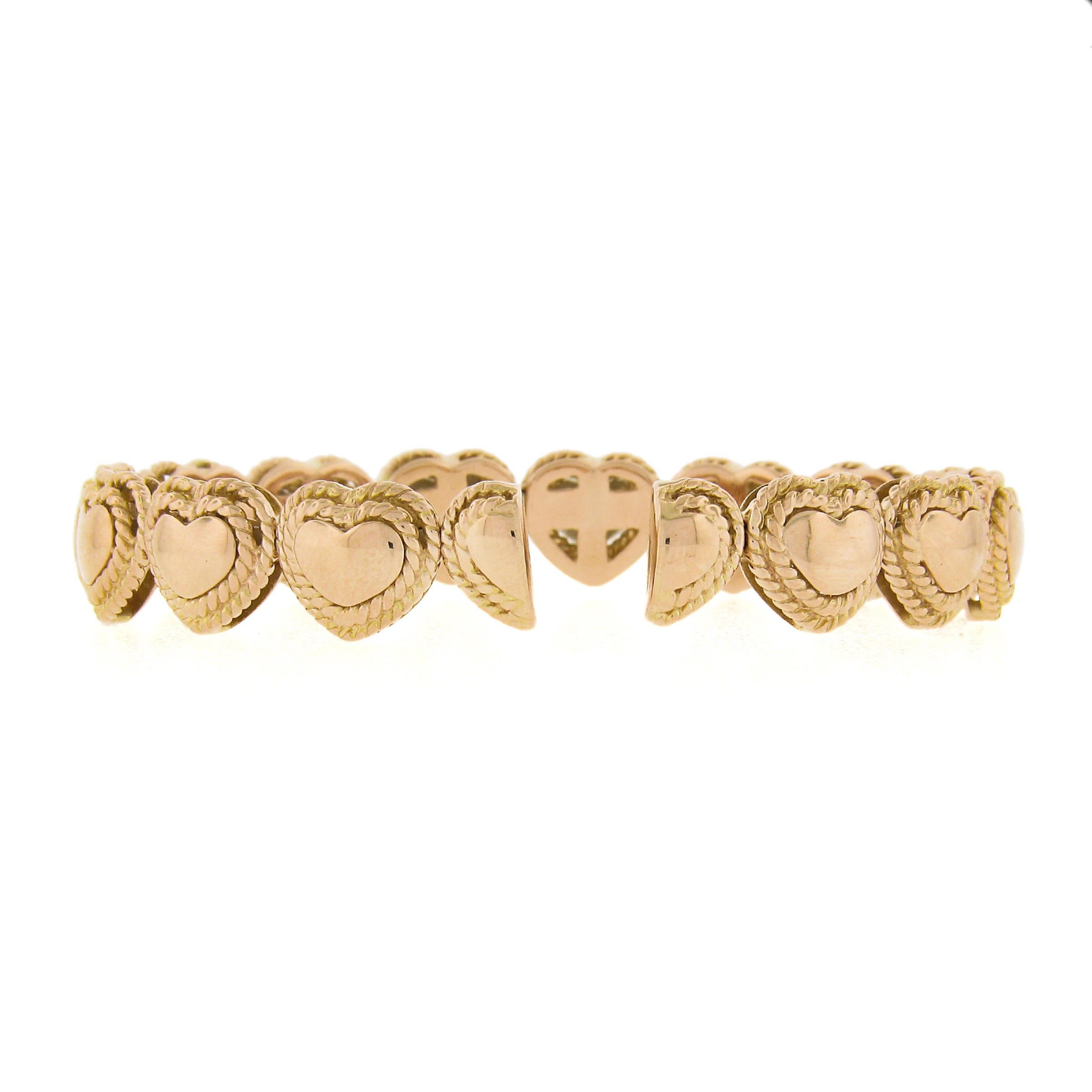Women's Italian 18k Two Tone Gold 1.08ctw Pave Diamond Heart Flexible Cuff Bracelet For Sale