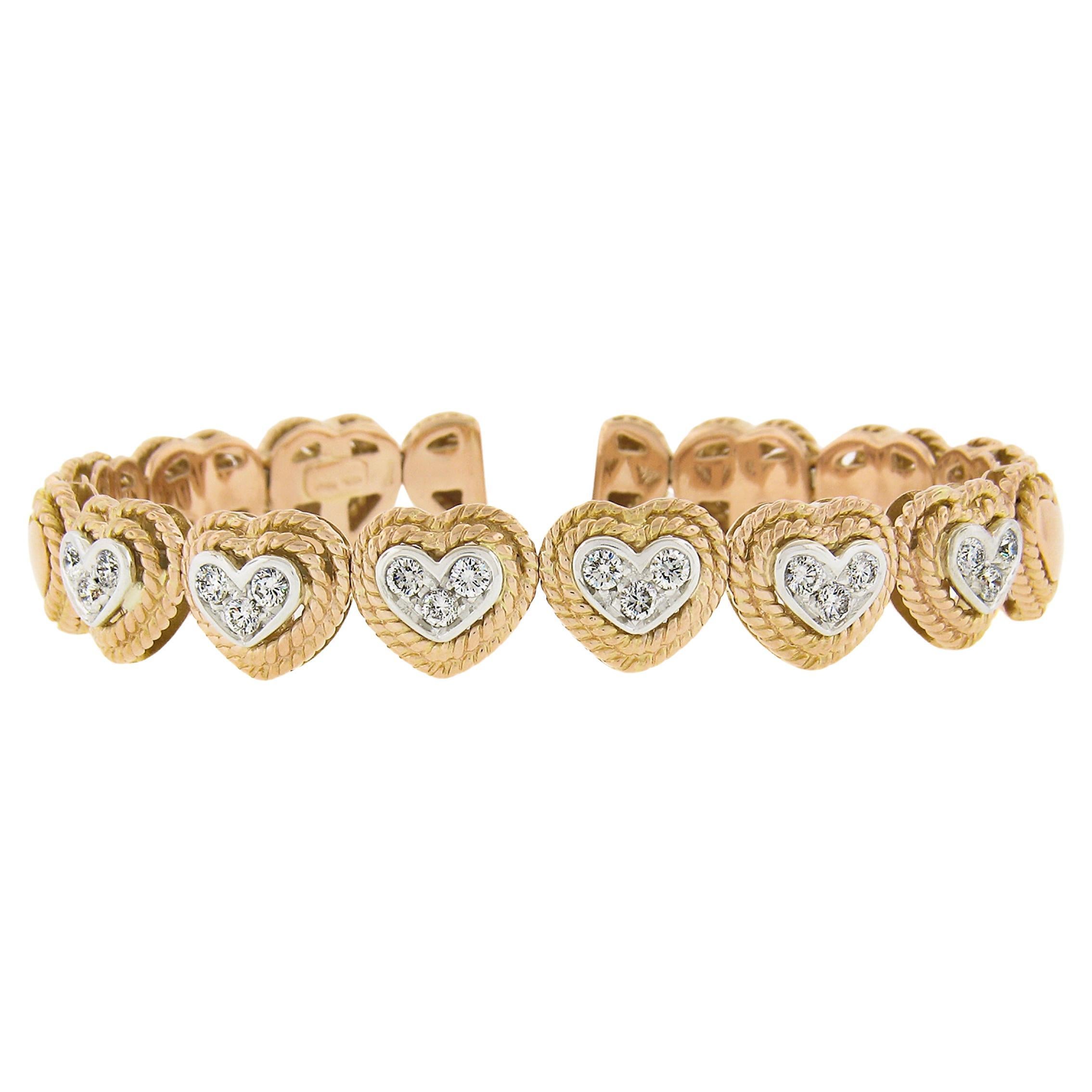 Italian 18k Two Tone Gold 1.08ctw Pave Diamond Heart Flexible Cuff Bracelet