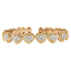 Italian 18k Two Tone Gold 1.08ctw Pave Diamond Heart Flexible Cuff Bracelet