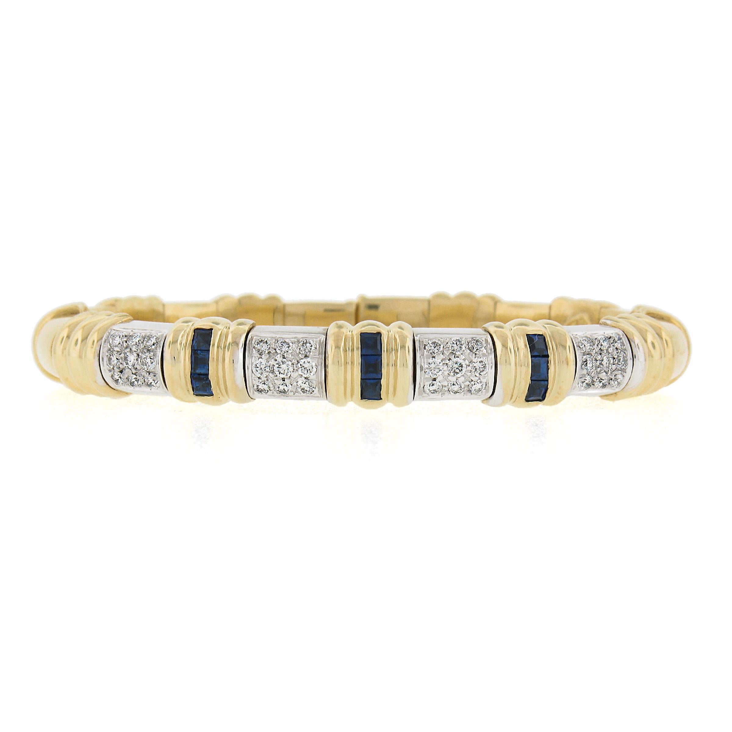 Round Cut Italian 18k Two Tone Gold 1.40ctw Diamond & Sapphire Flexible Cuff Bracelet For Sale