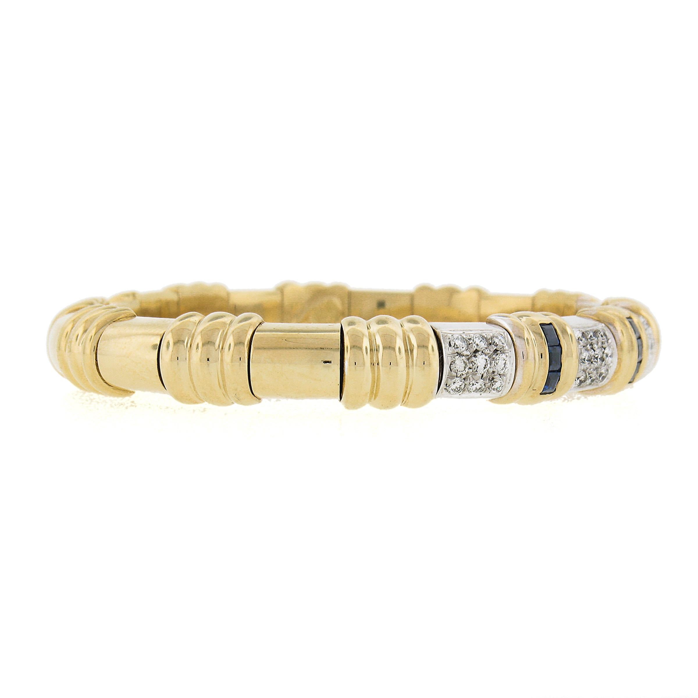 Italian 18k Two Tone Gold 1.40ctw Diamond & Sapphire Flexible Cuff Bracelet In Excellent Condition For Sale In Montclair, NJ