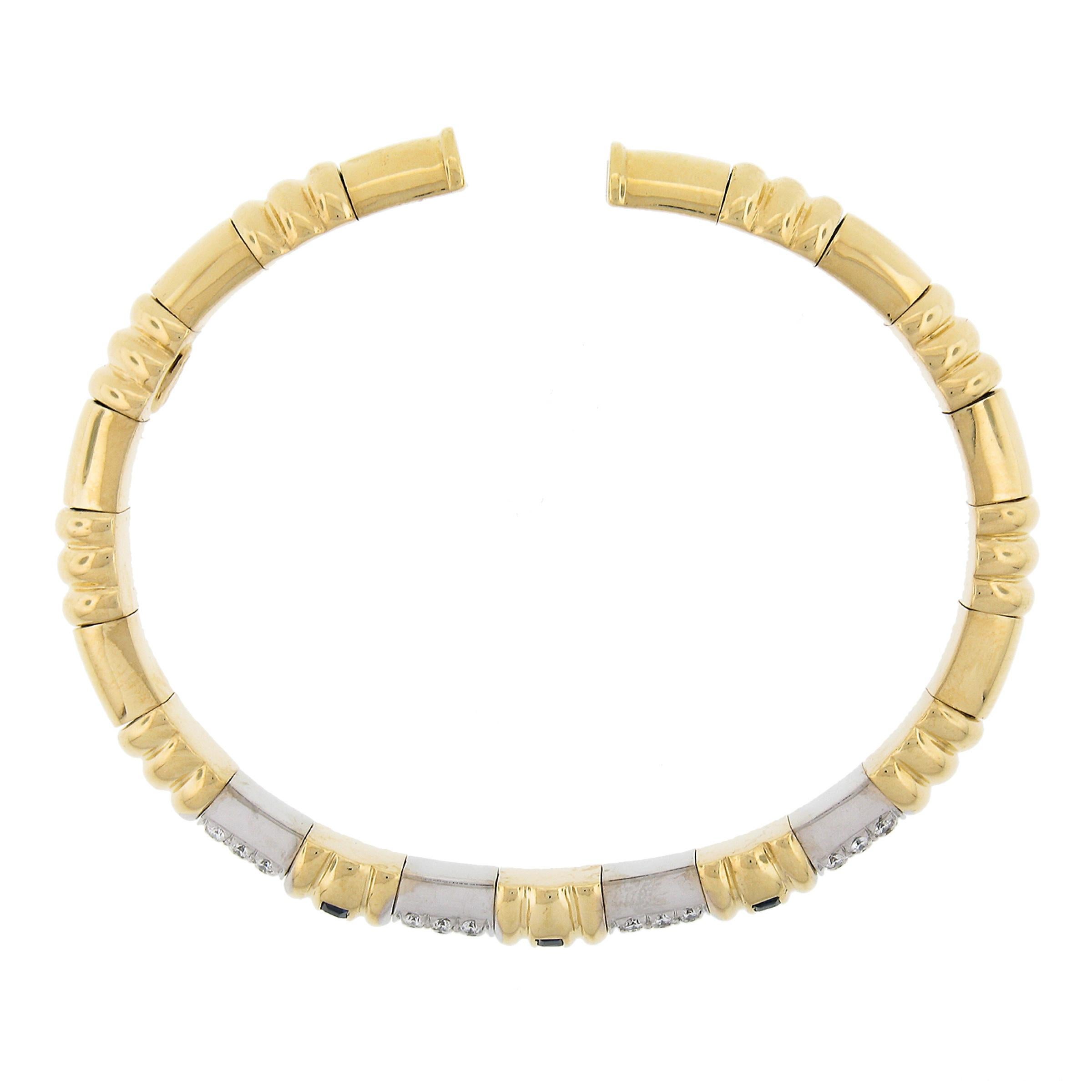 Italian 18k Two Tone Gold 1.40ctw Diamond & Sapphire Flexible Cuff Bracelet For Sale 1
