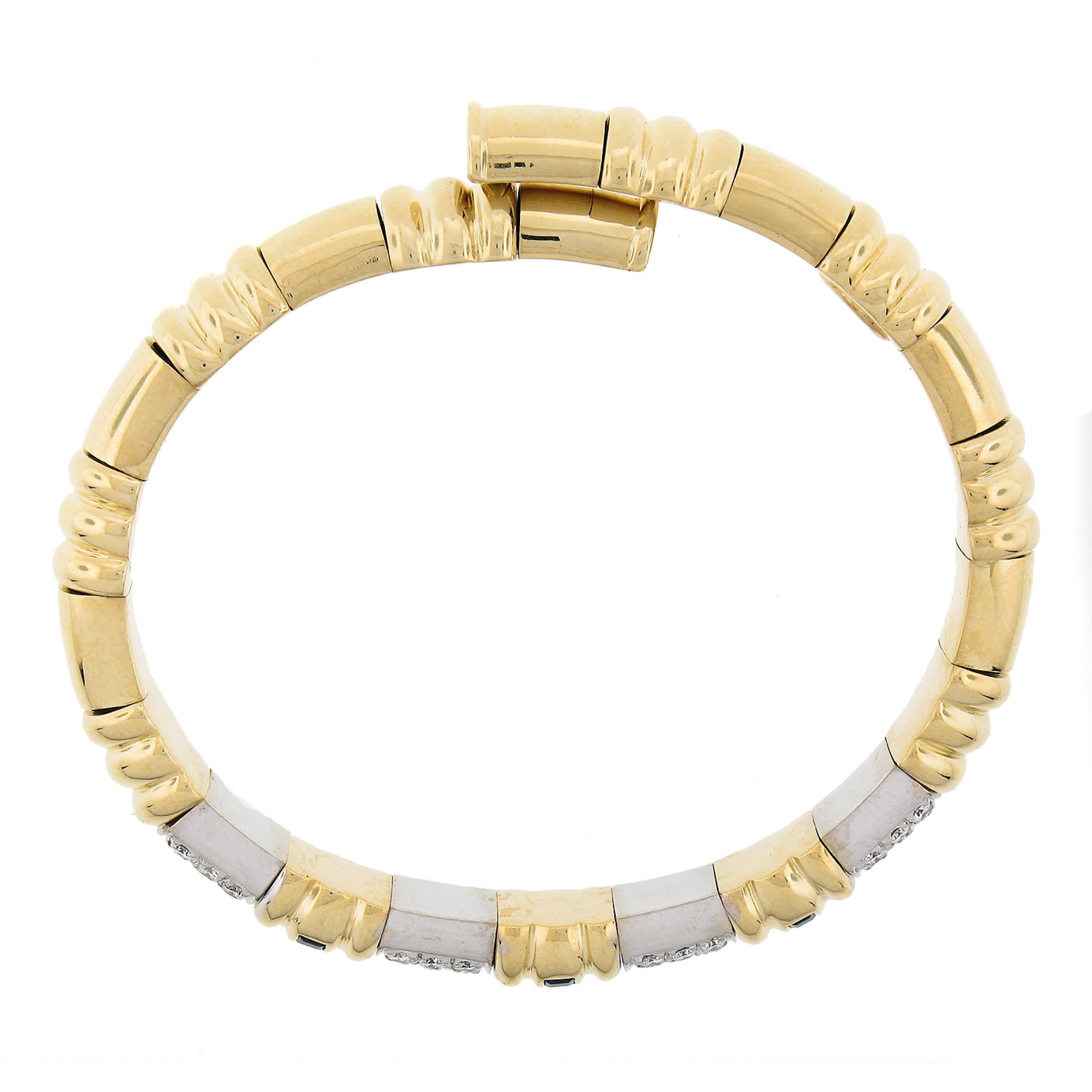 Italian 18k Two Tone Gold 1.40ctw Diamond & Sapphire Flexible Cuff Bracelet For Sale 2