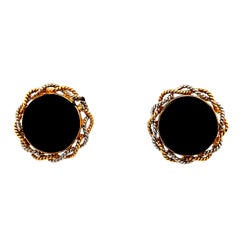 Italian 18K Two-Tone Gold and Onyx Rope Frame Earrings, 1970s