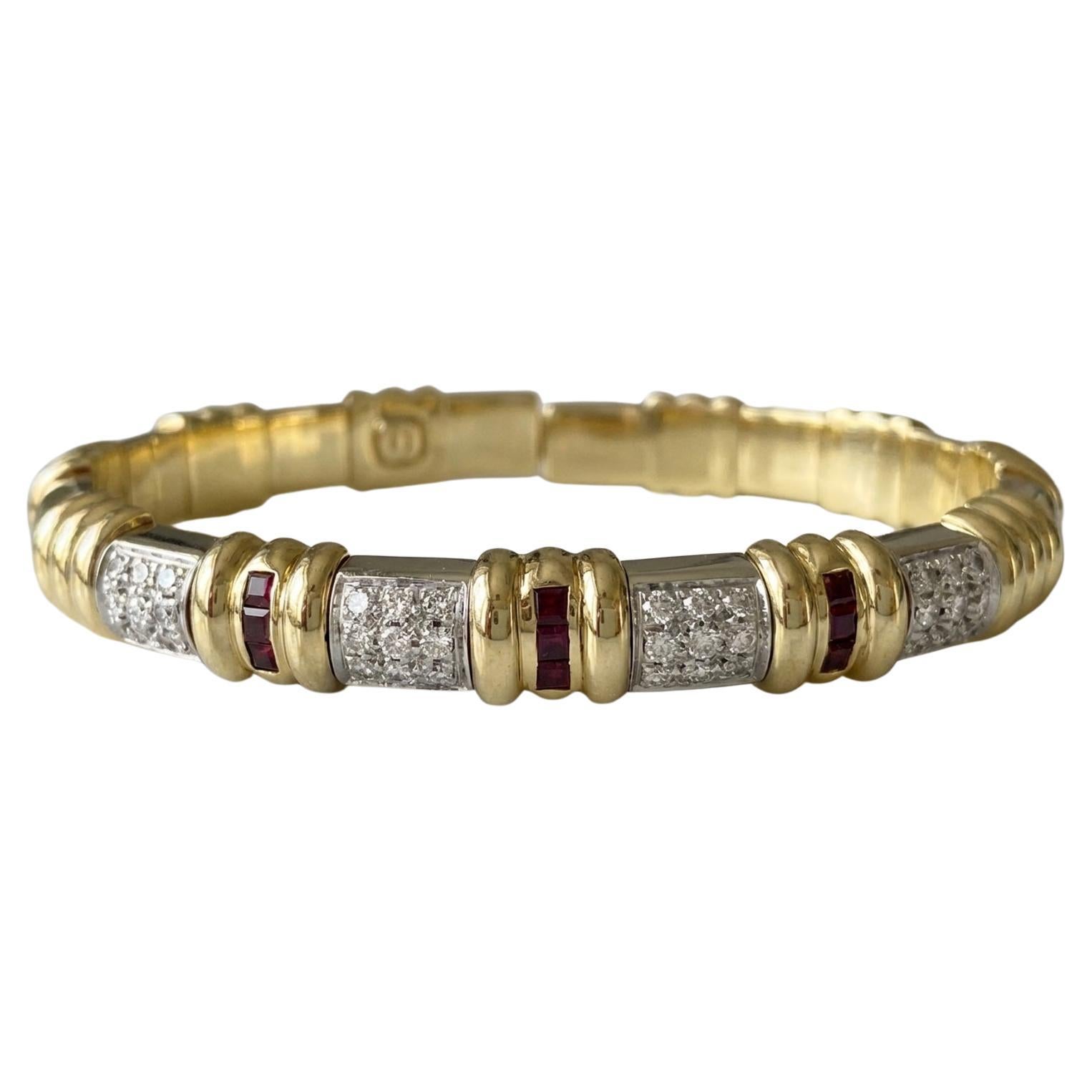 Italian 18k Two-Tone Gold Pavé Diamond and Ruby Bangle Bracelet