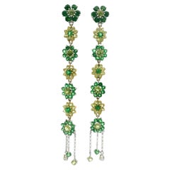 Pendientes Florales Largos de Granate Tsavorita y Peridoto en Oro Italiano Bicolor de 18K
