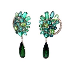 Italian 18K White Gold Earrings, 40ct Tourmaline & 1ct Diamond, Convertible