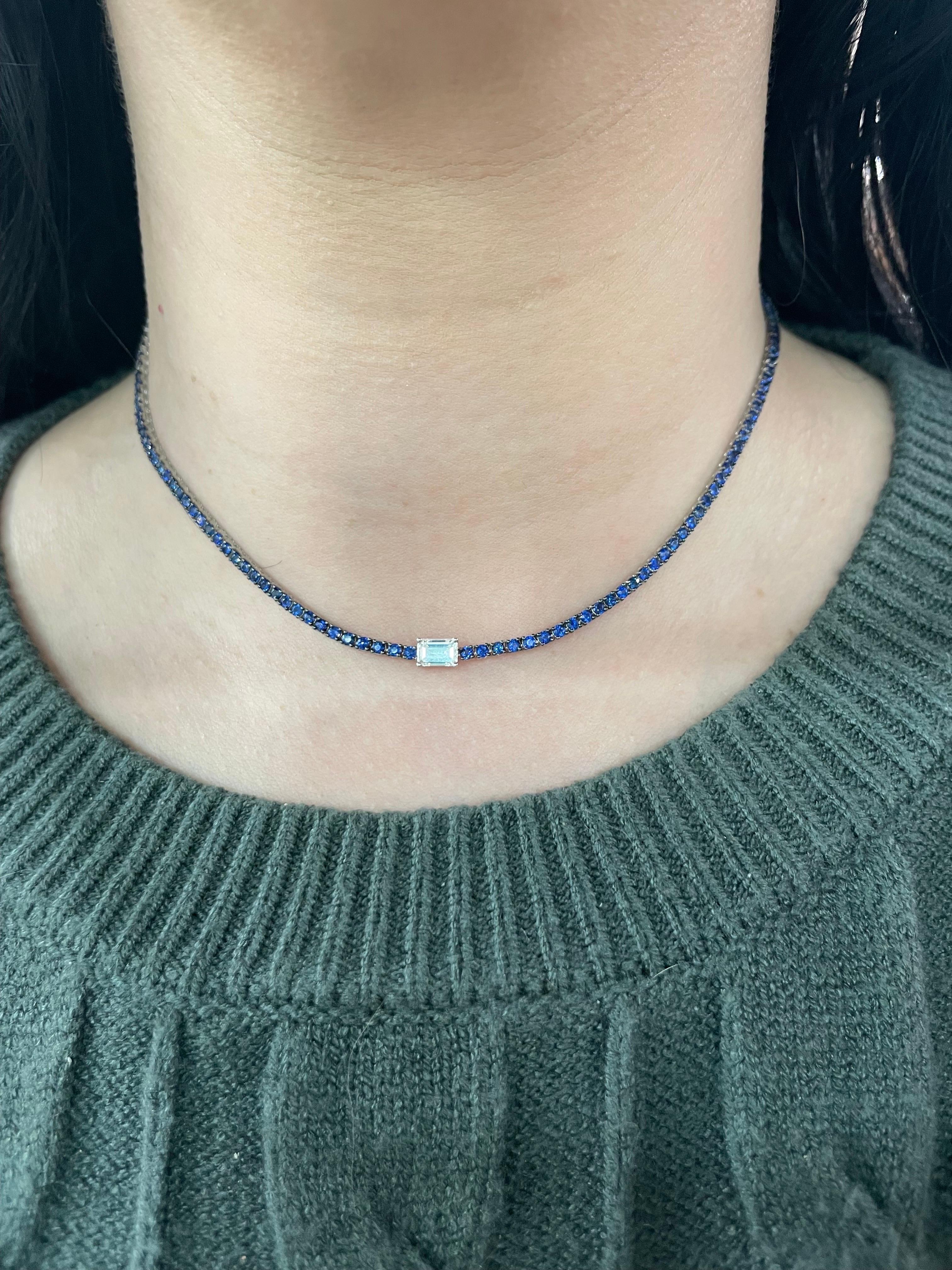 Italian, choker necklace featuring Blue Sapphires weighing 5.26 Carats in a Black Rhodium with a Emerald Diamond center weighing 0.60 Carats,
18 Karat White Gold. 
Links measure 4 inches
Sapphires with Emerald Diamond 13 Inches
Can be made