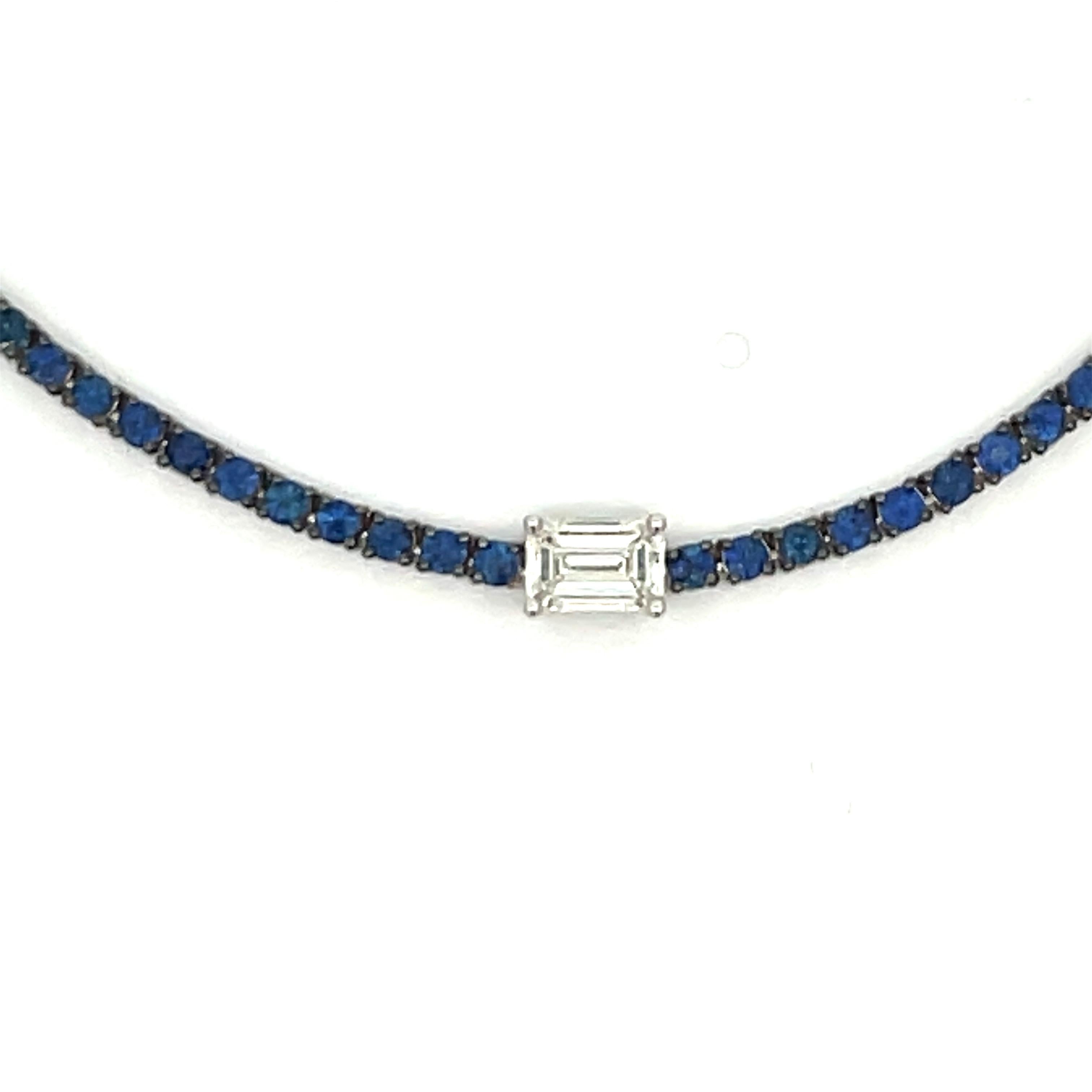 Contemporary Italian 18k White Gold Emerald Diamond Blue Sapphire Choker Necklace 5.86 Carats