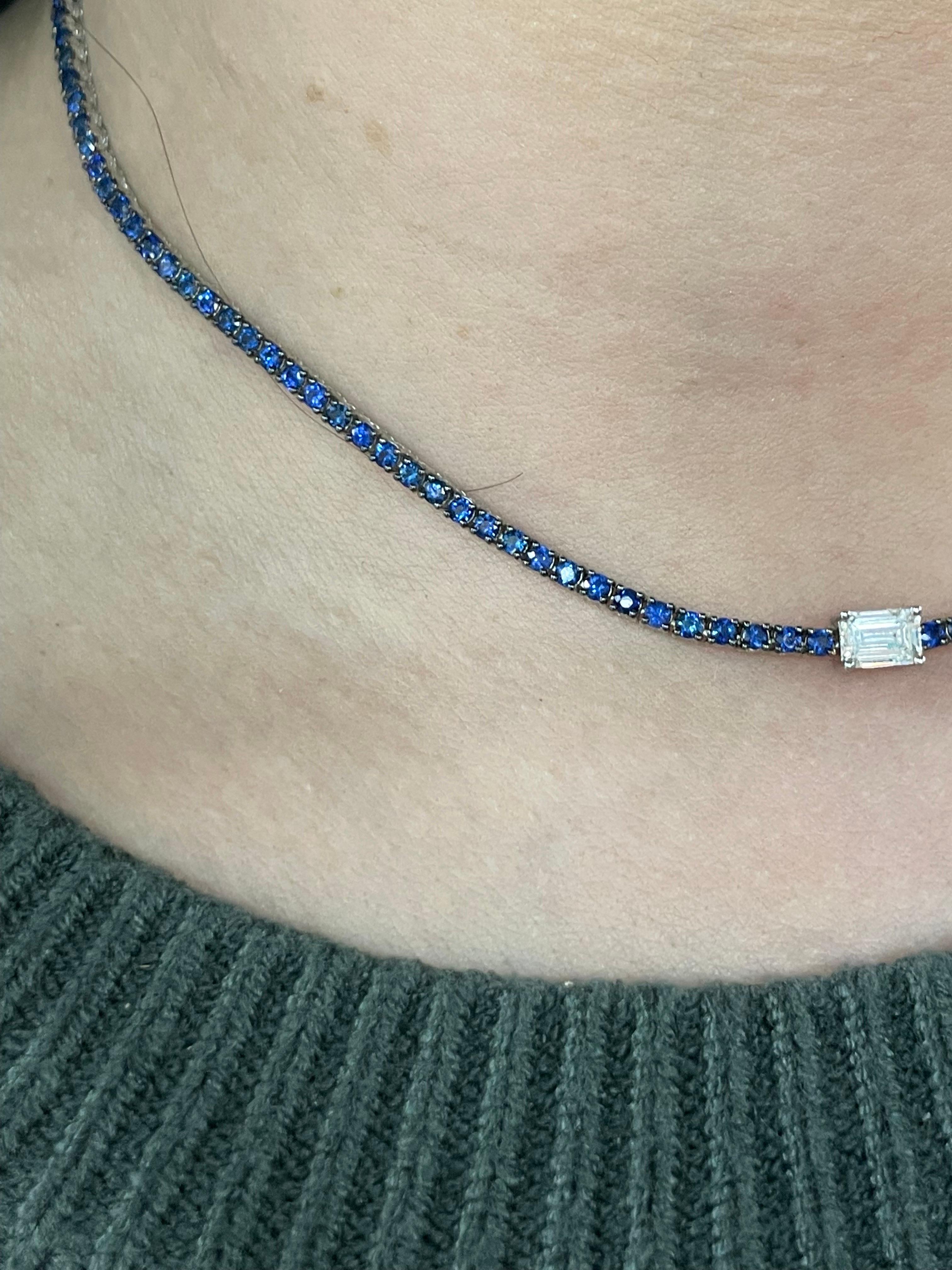 Italian 18k White Gold Emerald Diamond Blue Sapphire Choker Necklace 5.86 Carats 2