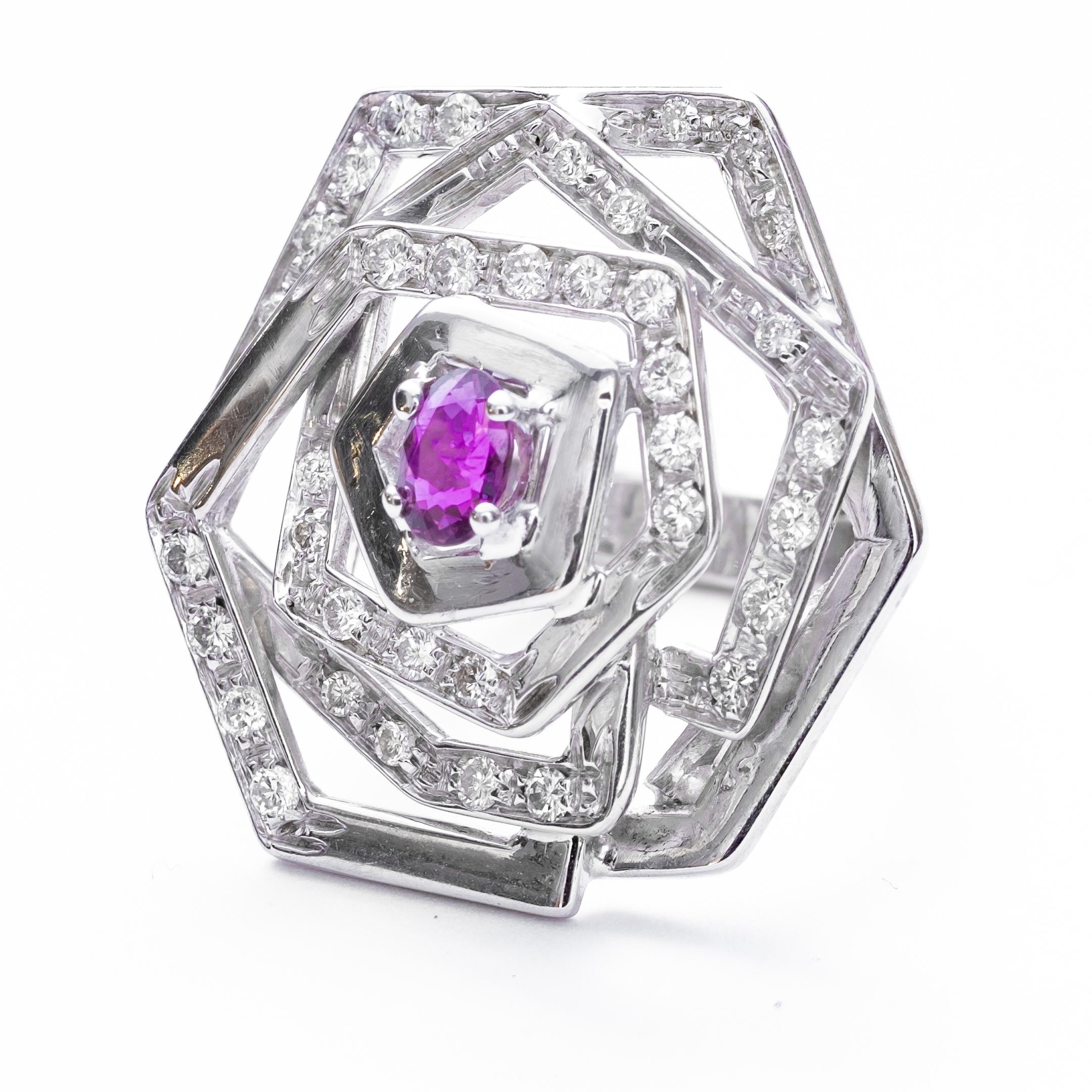 Italian 18K white gold geometric motif fashion ring designed with one oval faceted purple sapphire center set in a four prong white gold setting. This gemstone is positioned in the center of an open work, three layer, multi-side design. Sapphire