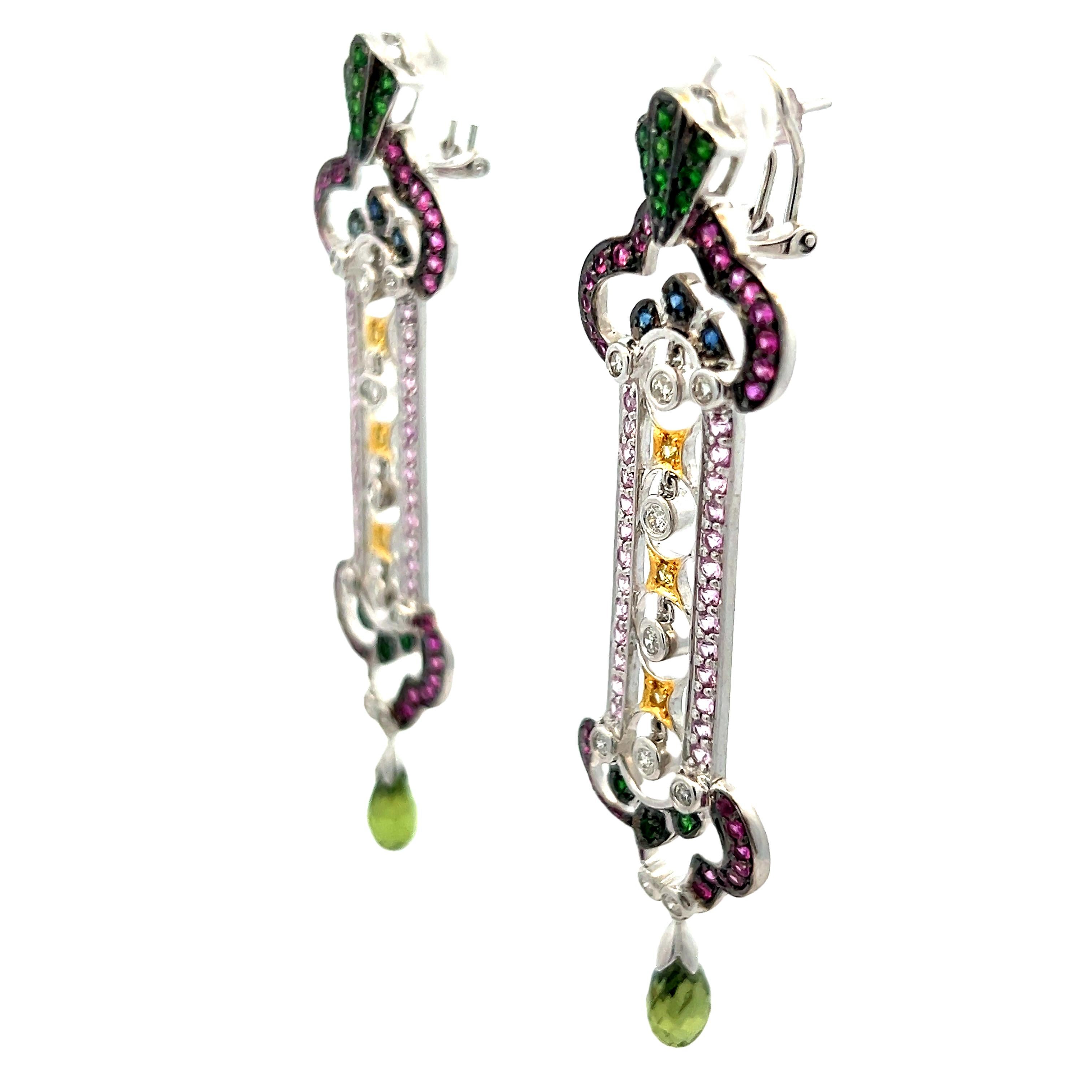 Italienische 18K Weißgold Multicolor Saphir & Diamant Tropfenohrringe mit Peridot (Zeitgenössisch) im Angebot