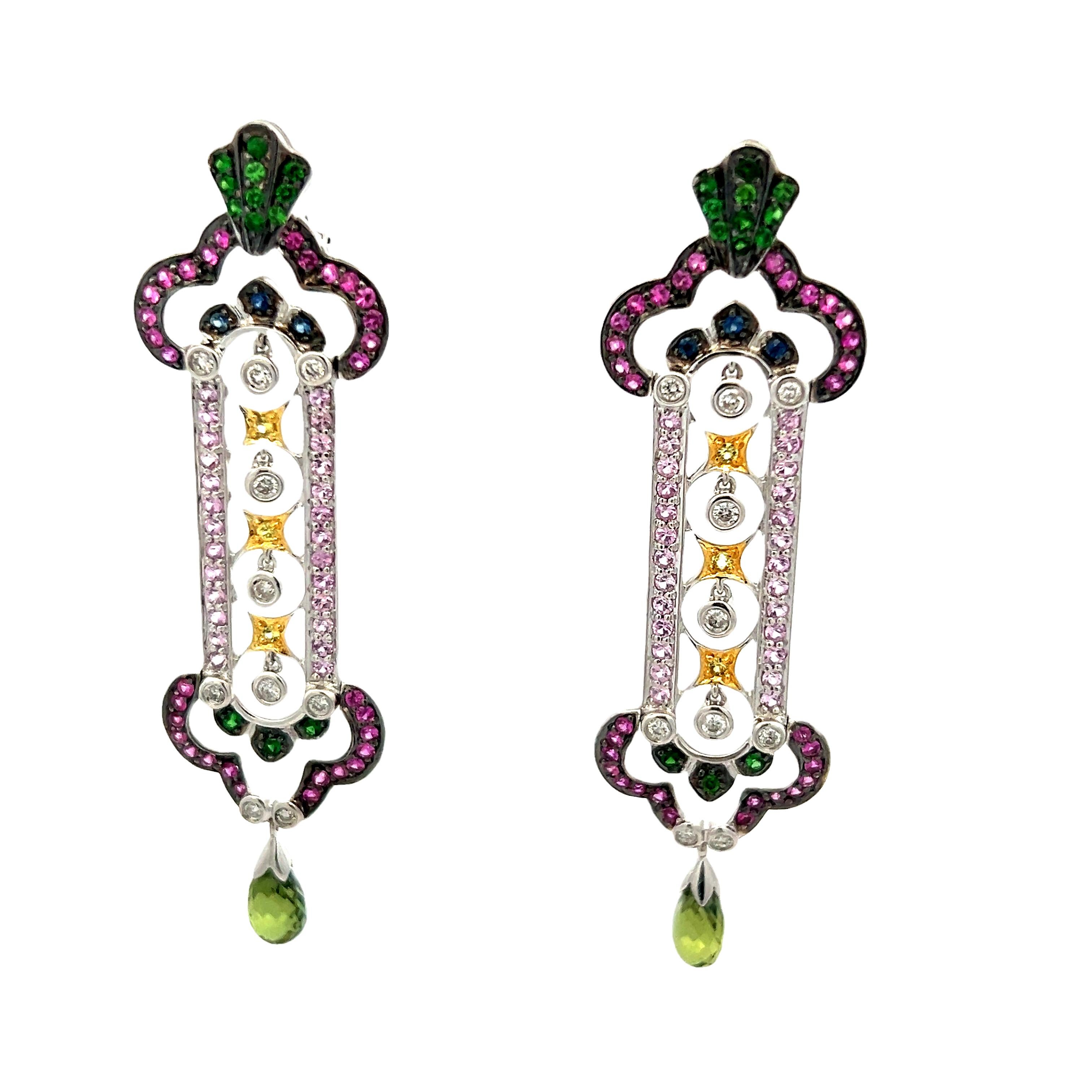 Italienische 18K Weißgold Multicolor Saphir & Diamant Tropfenohrringe mit Peridot Damen im Angebot