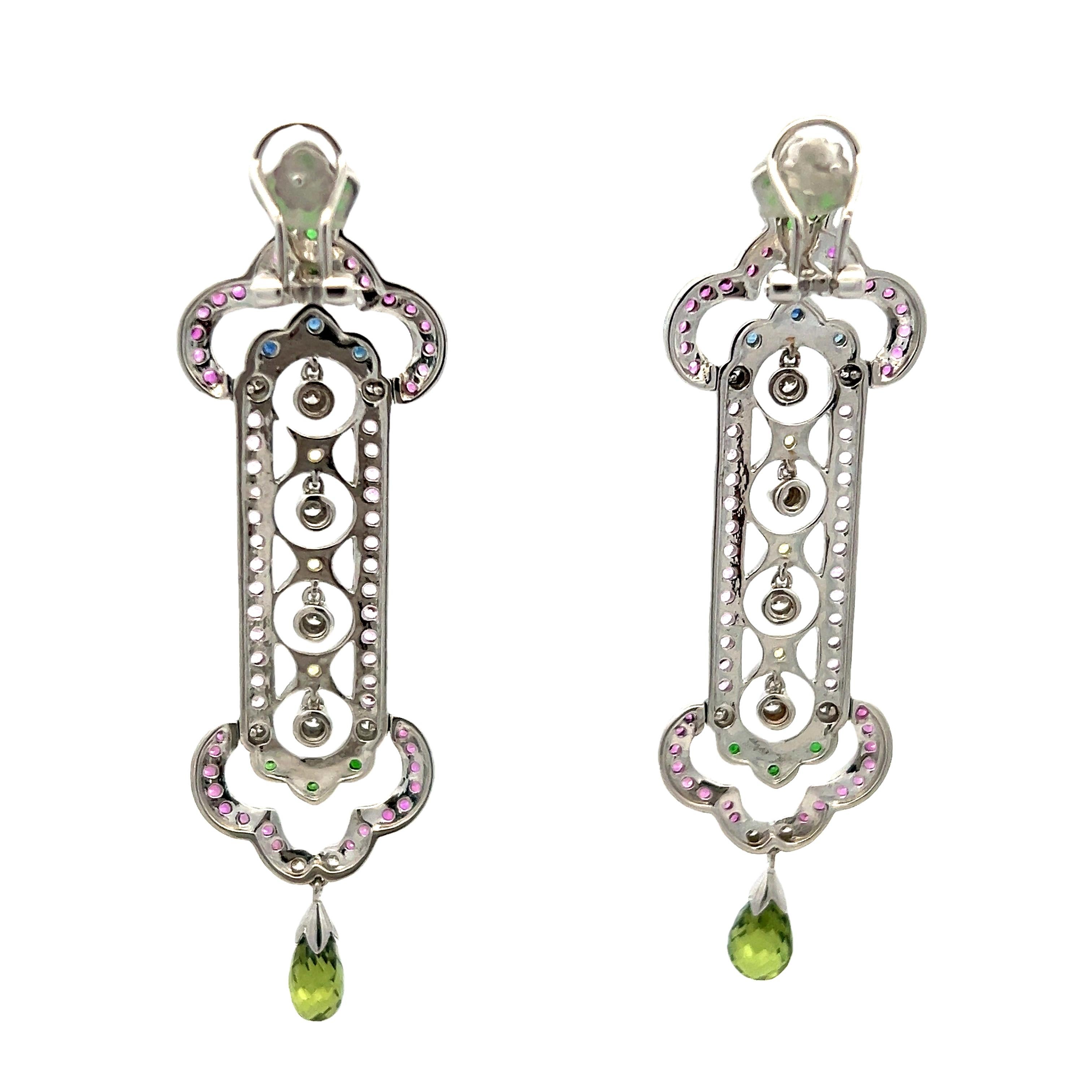 Italienische 18K Weißgold Multicolor Saphir & Diamant Tropfenohrringe mit Peridot im Angebot 2