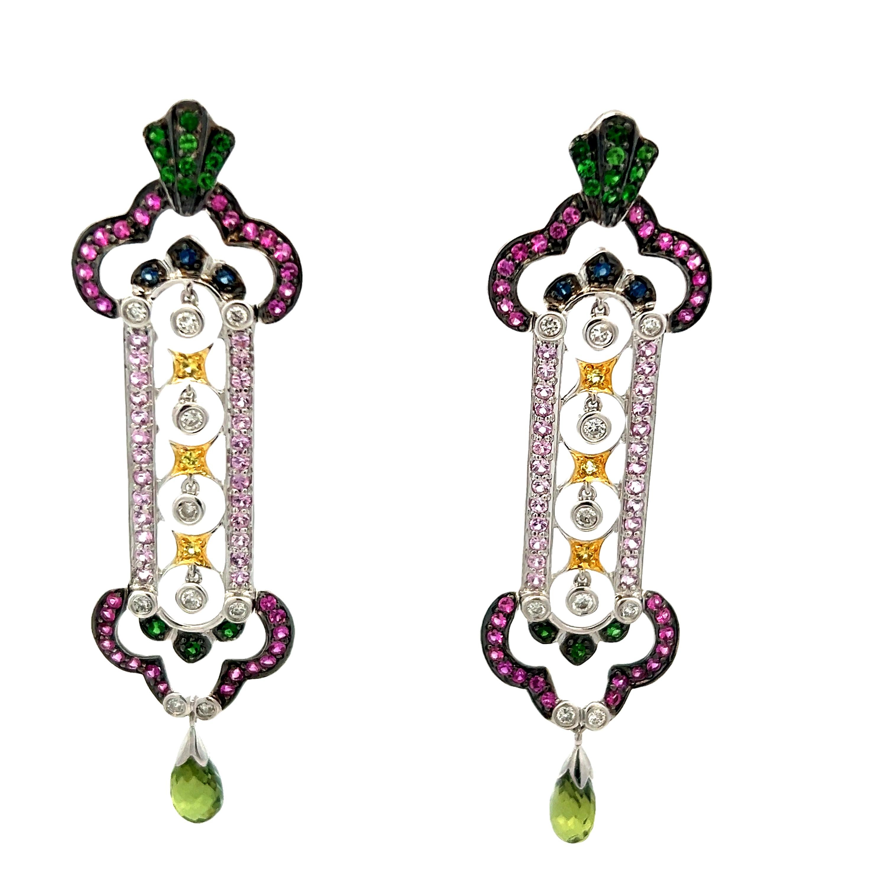 Italienische 18K Weißgold Multicolor Saphir & Diamant Tropfenohrringe mit Peridot im Angebot 3