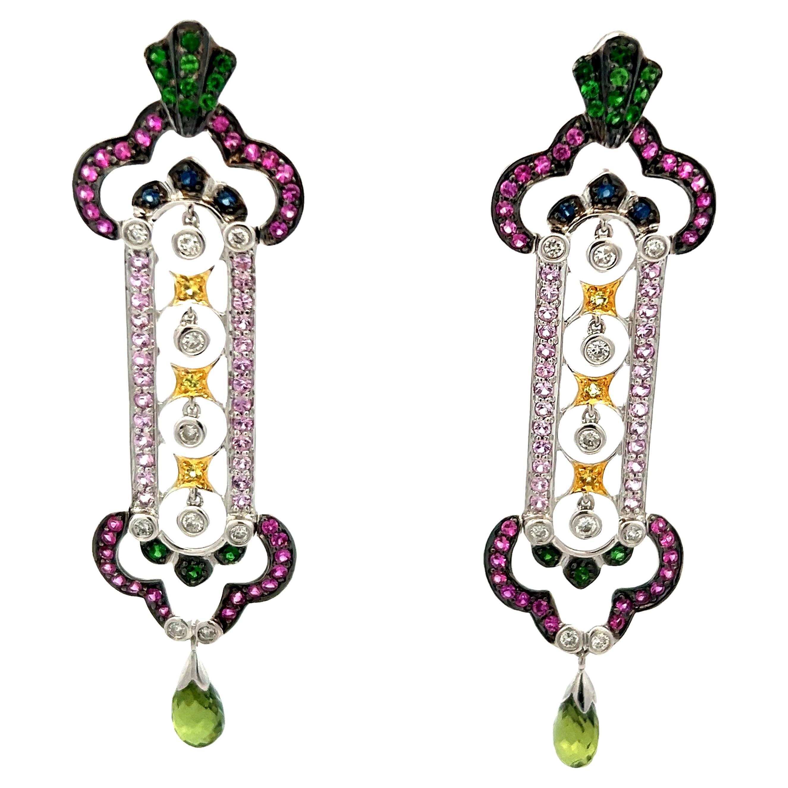 Pendientes de gota italianos de oro blanco de 18 quilates de zafiro multicolor y diamantes con peridoto