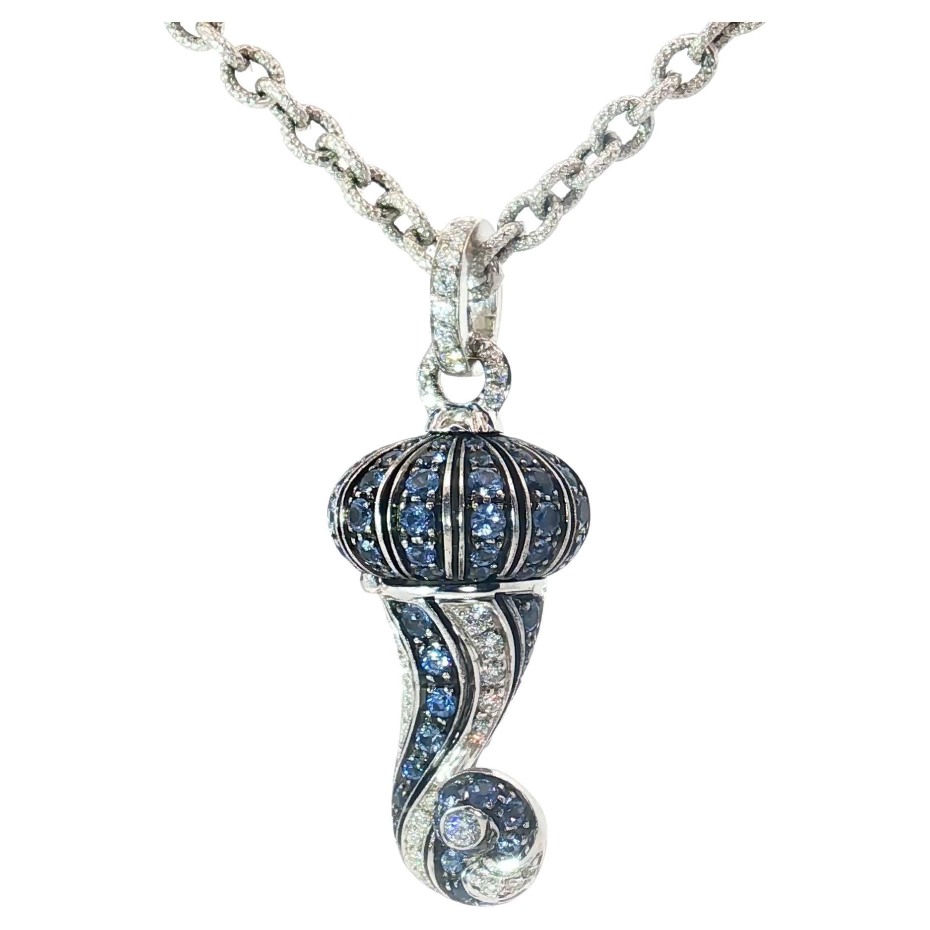 Italian 18k White Gold Sapphire Diamond Shell Pomander Pendant Necklace, 1059 NA