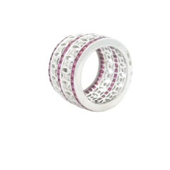 Italian 18K White Gold Wide Band Ring with 3 Carat Rubies & 1 Carat Diamonds