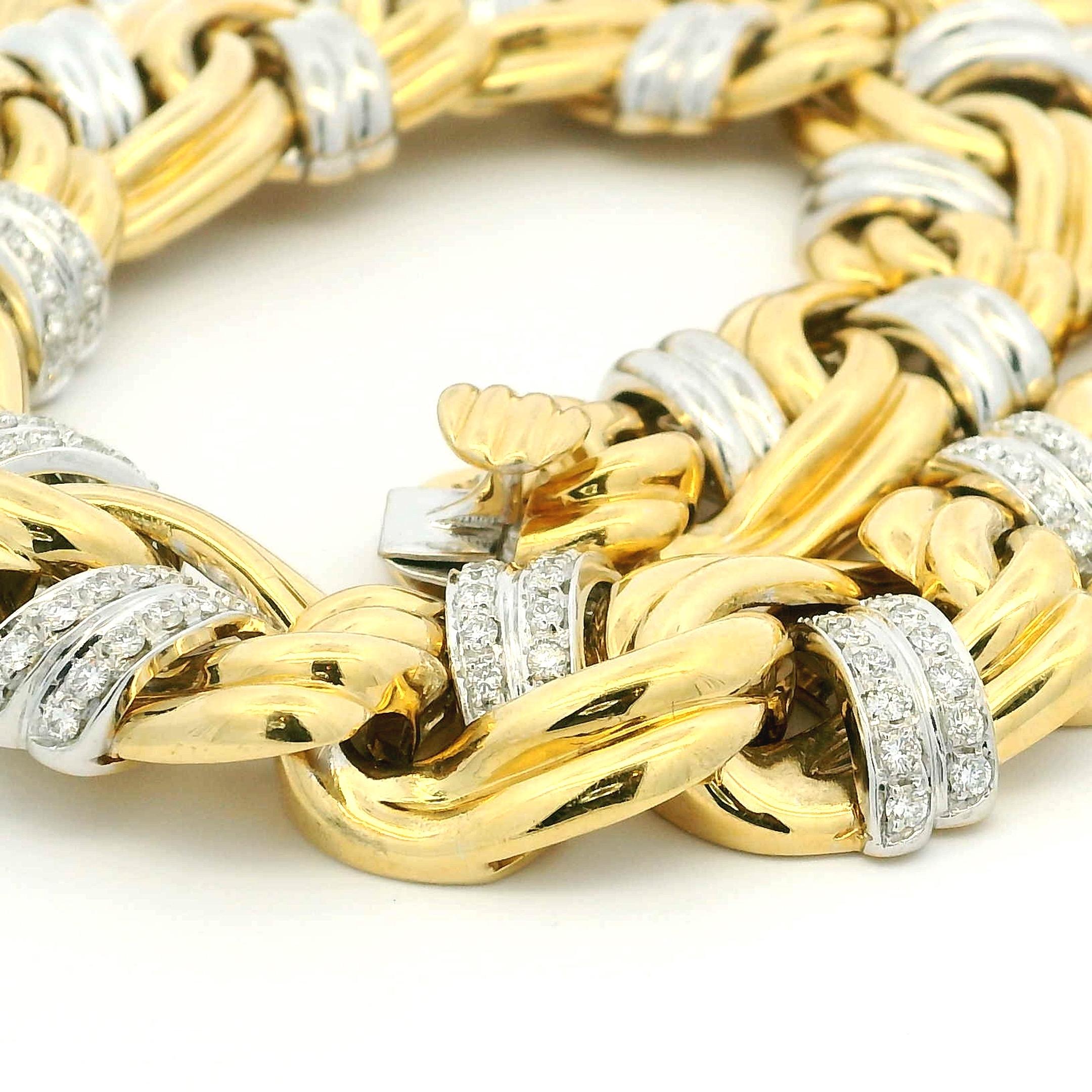 Italienische 18K Gelb- und Weißgold schwere A Link Halskette mit 5,5 Karat Diamant (Retro) im Angebot