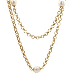 Italian 18k Yellow Gold 36" Rolo Link White Pearl Station Long Chain Necklace