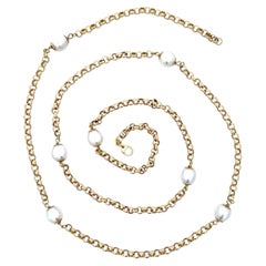 Italian 18k Yellow Gold 36" Rolo Link White Pearl Station Long Chain Necklace