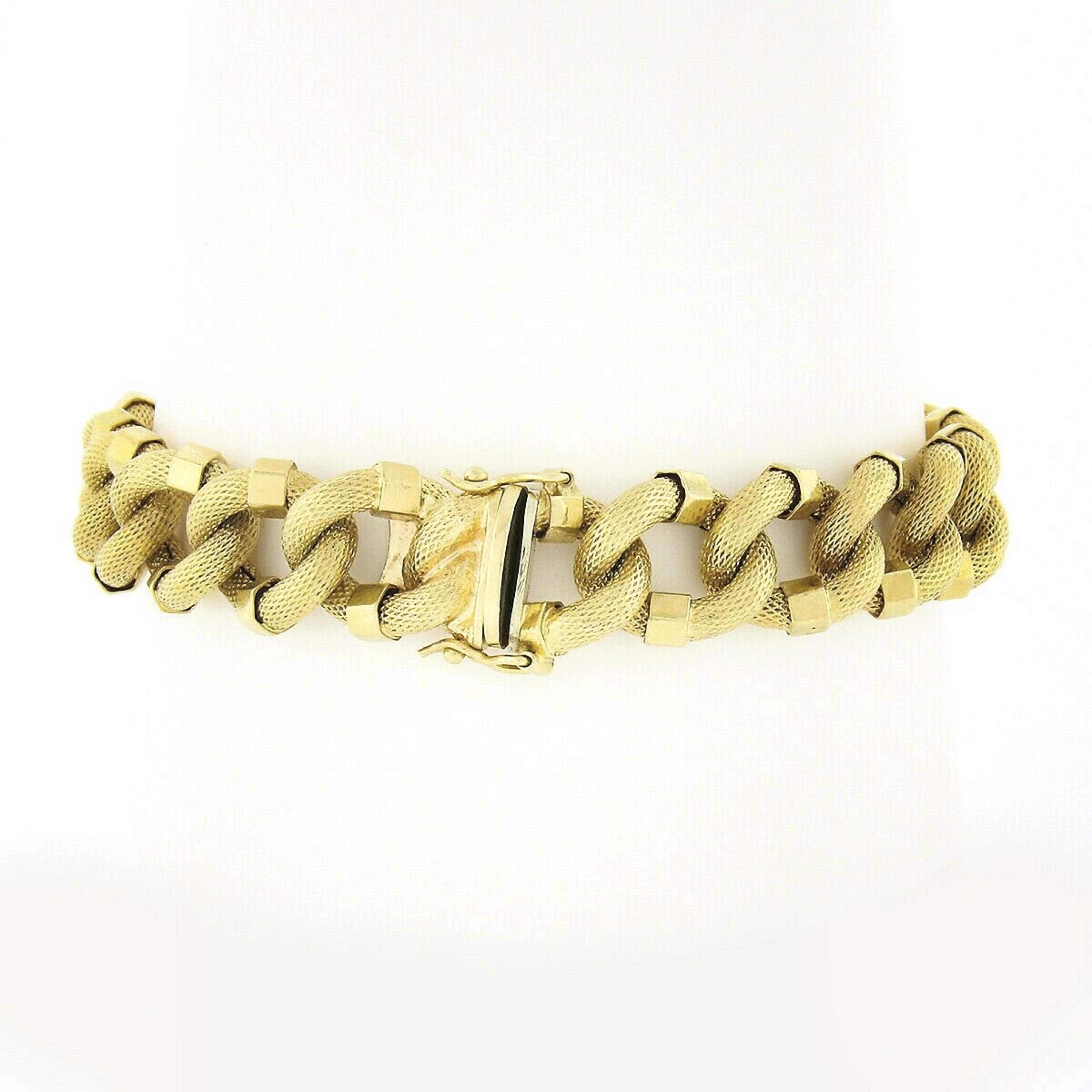 You are looking at a gorgeous bracelet that was crafted in Italy from solid 18k yellow gold featuring well assembled fancy curb links throughout. The links have a wonderful textured finish adorned with a faceted design at both sides of each link
