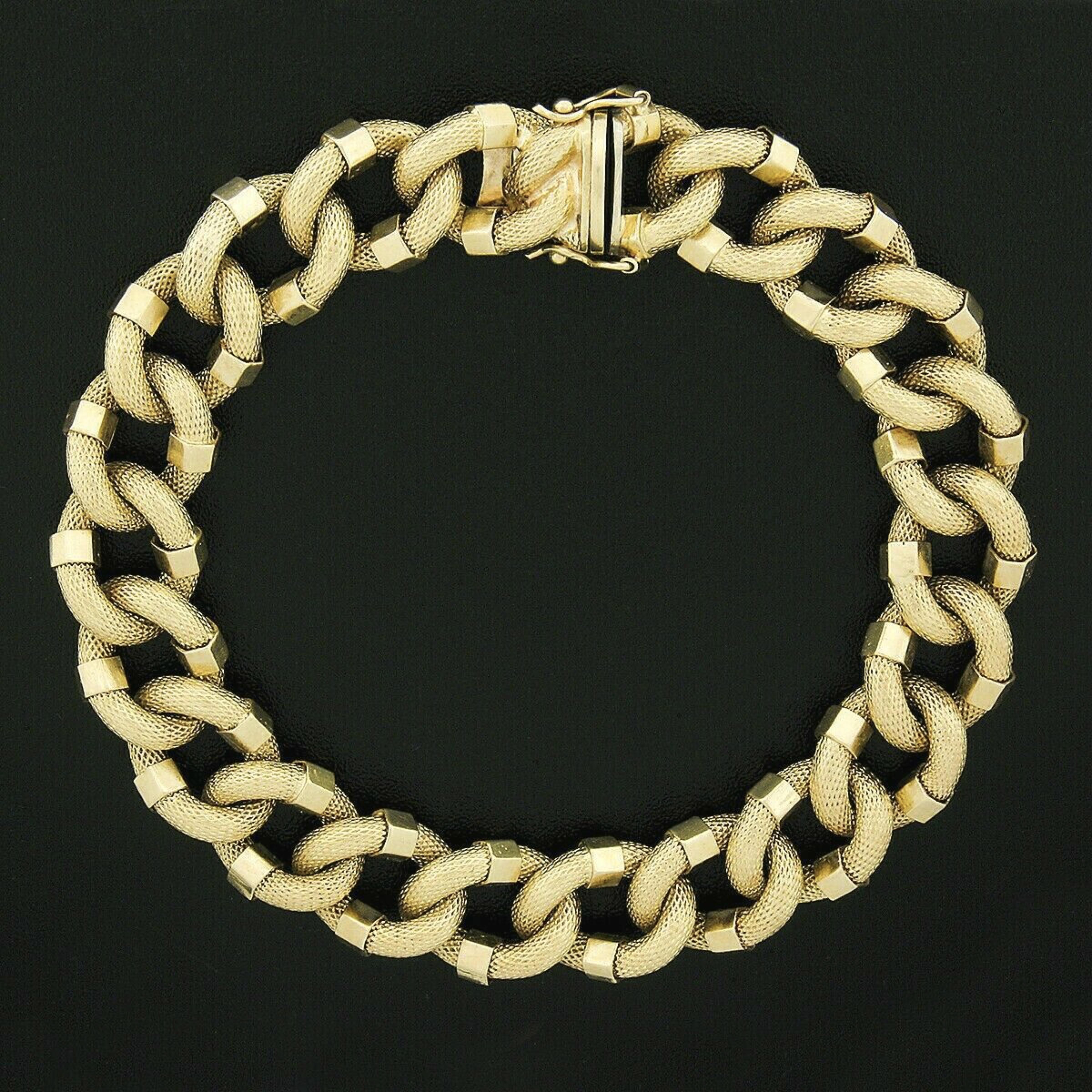 Italian 18K Yellow Gold Textured Faceted Fancy Open Curb Link Bracelet 1