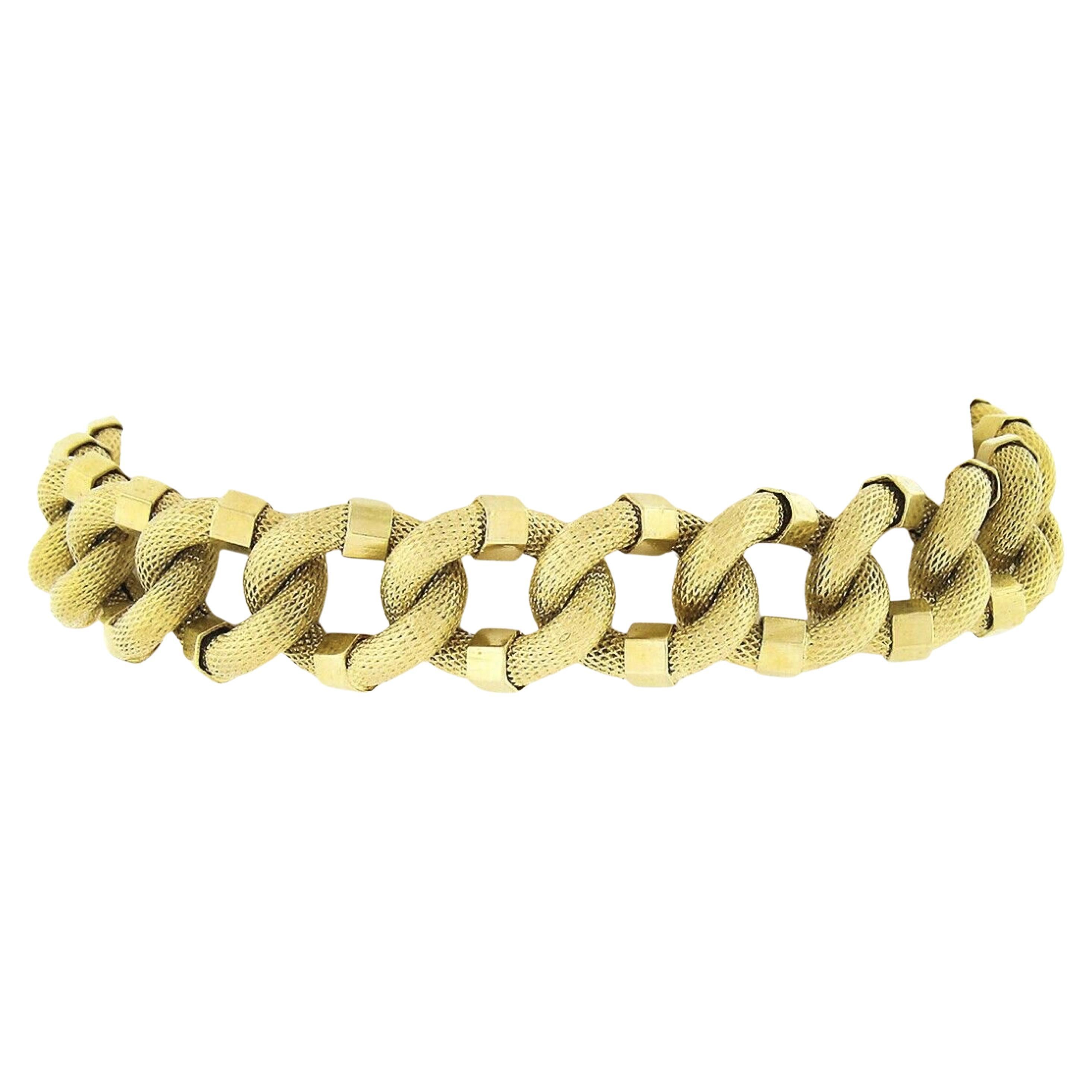 Italian 18K Yellow Gold Textured Faceted Fancy Open Curb Link Bracelet