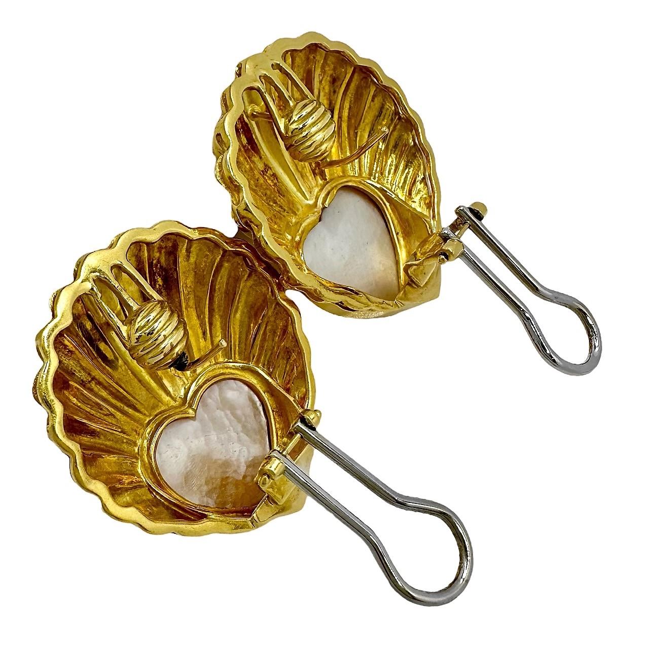 Cabochon Italian 18k Yellow Gold and Mabe Pearl Seashell Earrings For Sale