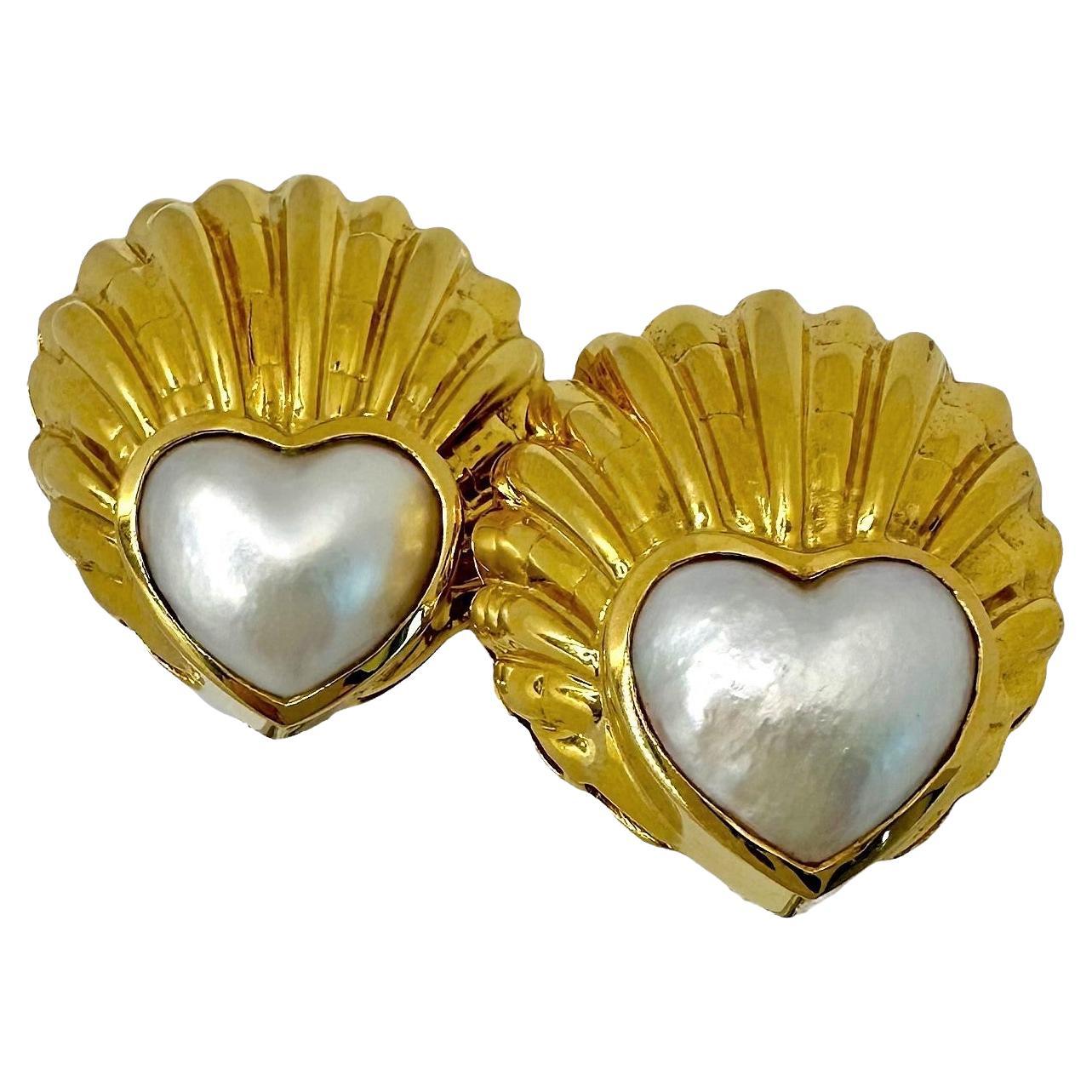 Italian 18k Yellow Gold and Mabe Pearl Seashell Earrings For Sale