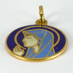 Italian 18K Yellow Gold Blue Enamel Virgin Mary Medal Pendant