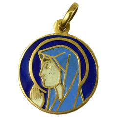 Italian 18K Yellow Gold Blue Enamel Virgin Mary Medal Pendant