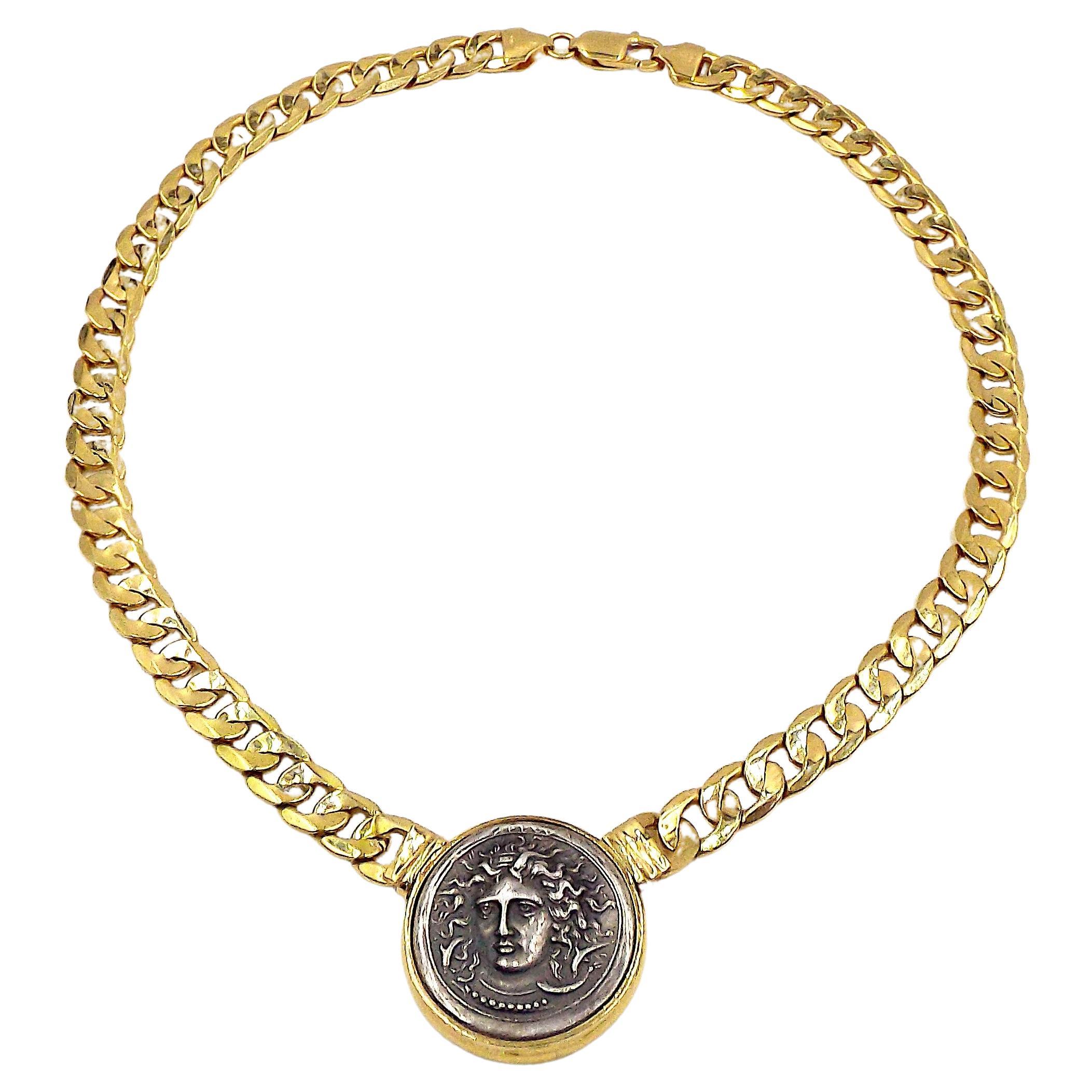 Italian 18K Yellow Gold Coin Chain Necklace 1980s For Sale