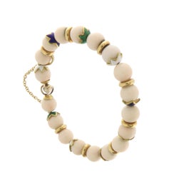 Italian 18k Yellow Gold Coral Beaded Bracelet with Enamel, 37.10g