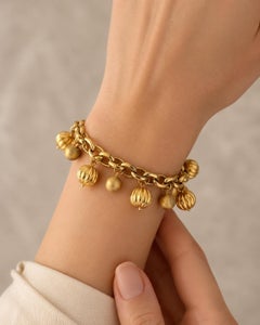 Italian 18k Yellow Gold Dangle Grooved & Brushed Finish Ball Bead Charm Bracelet
