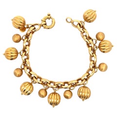 Italian 18k Yellow Gold Dangle Grooved & Brushed Finish Ball Bead Charm Bracelet