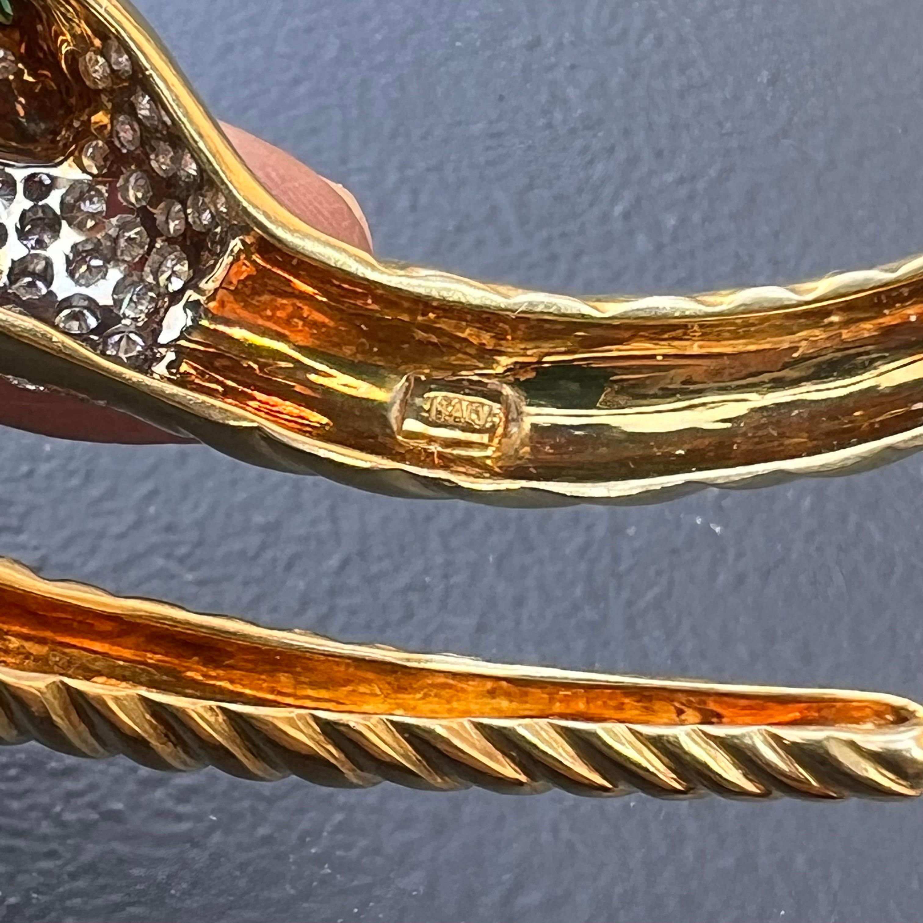 Italian 18k Yellow Gold Diamond Emerald Serpent Snake Hinged Bangle For Sale 4